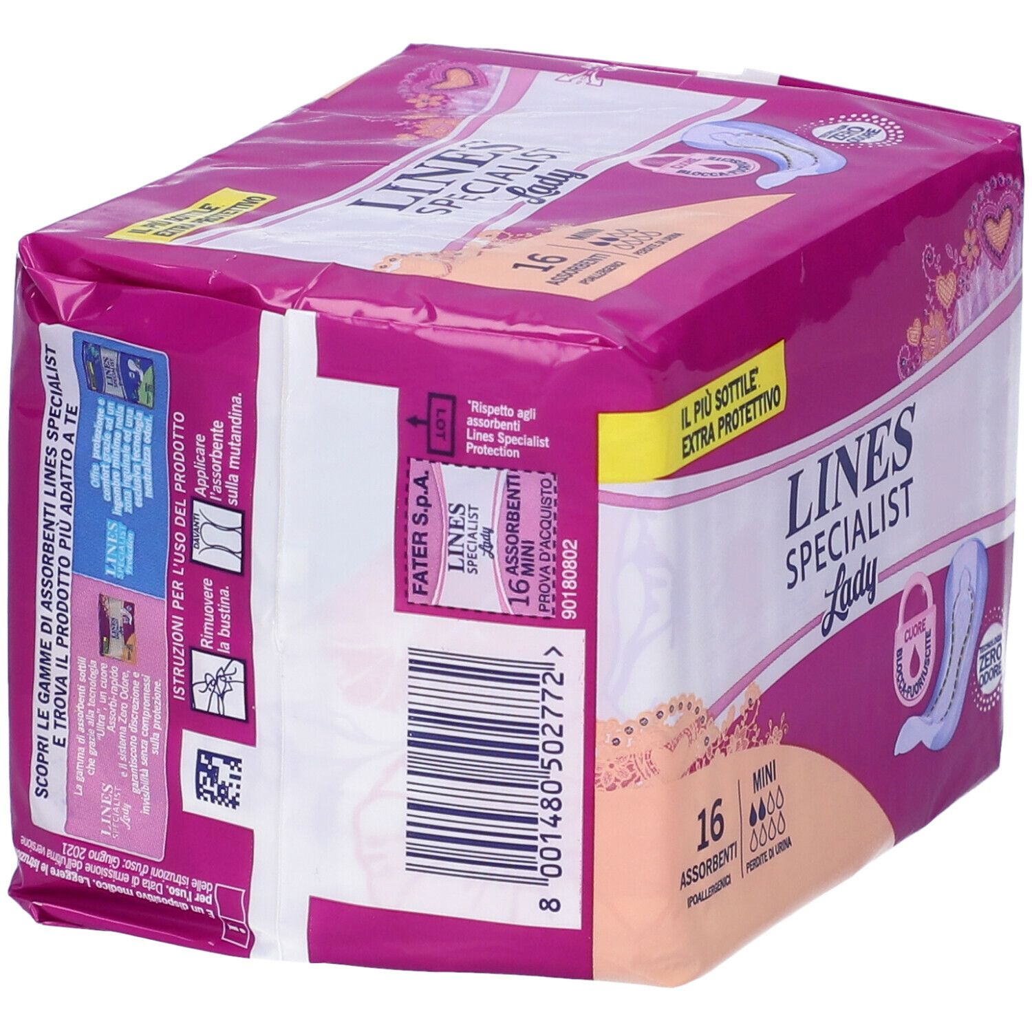 Confezione di LINES Specialist Lady Mini. Design rosa e bianco con immagine e testo del prodotto. Codice a barre e informazioni.