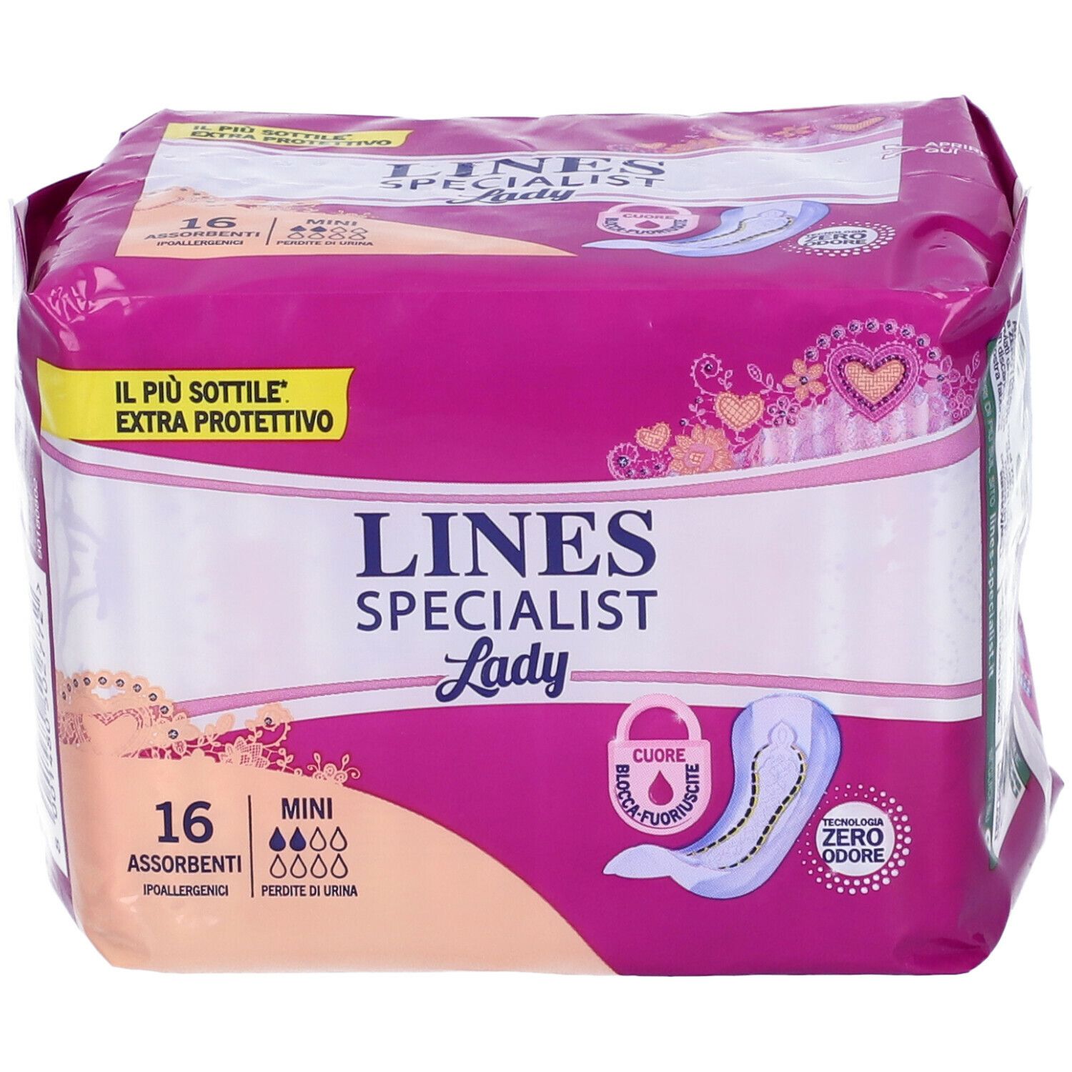 Confezione di LINES Specialist Lady Mini, 16 pezzi. Design rosa e bianco con immagine e testo del prodotto.