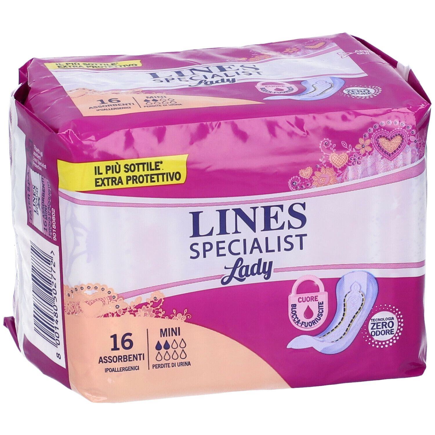 Confezione di LINES Specialist Lady Mini, 16 pezzi. Design rosa e bianco con immagine e testo del prodotto.