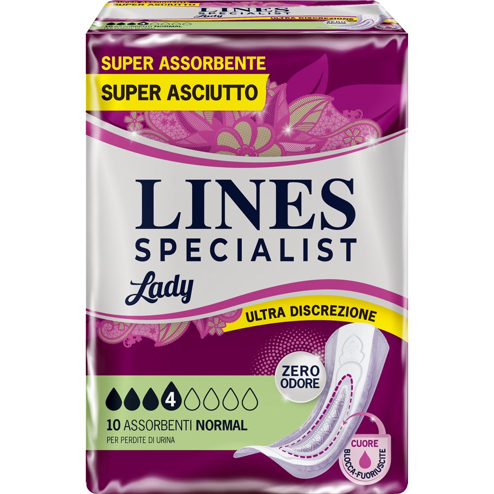 Verpackung von Lines Specialist Lady Normal. Rosa-weißes Design. Enthält 10 saugfähige Einlagen. Mit dem Logo "Zero Odore".