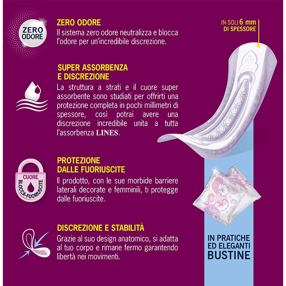 Produktmerkmale: Zero Odore, Super Absorption, Schutz vor Auslaufen, Diskretion und Stabilität. Mit 6 mm Dicke.