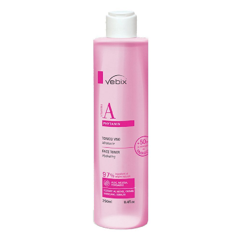 Flacone rosa con tappo bianco. Scritta: Vebix Phytamin A, Tonico Viso, Face Toner. 250ml.