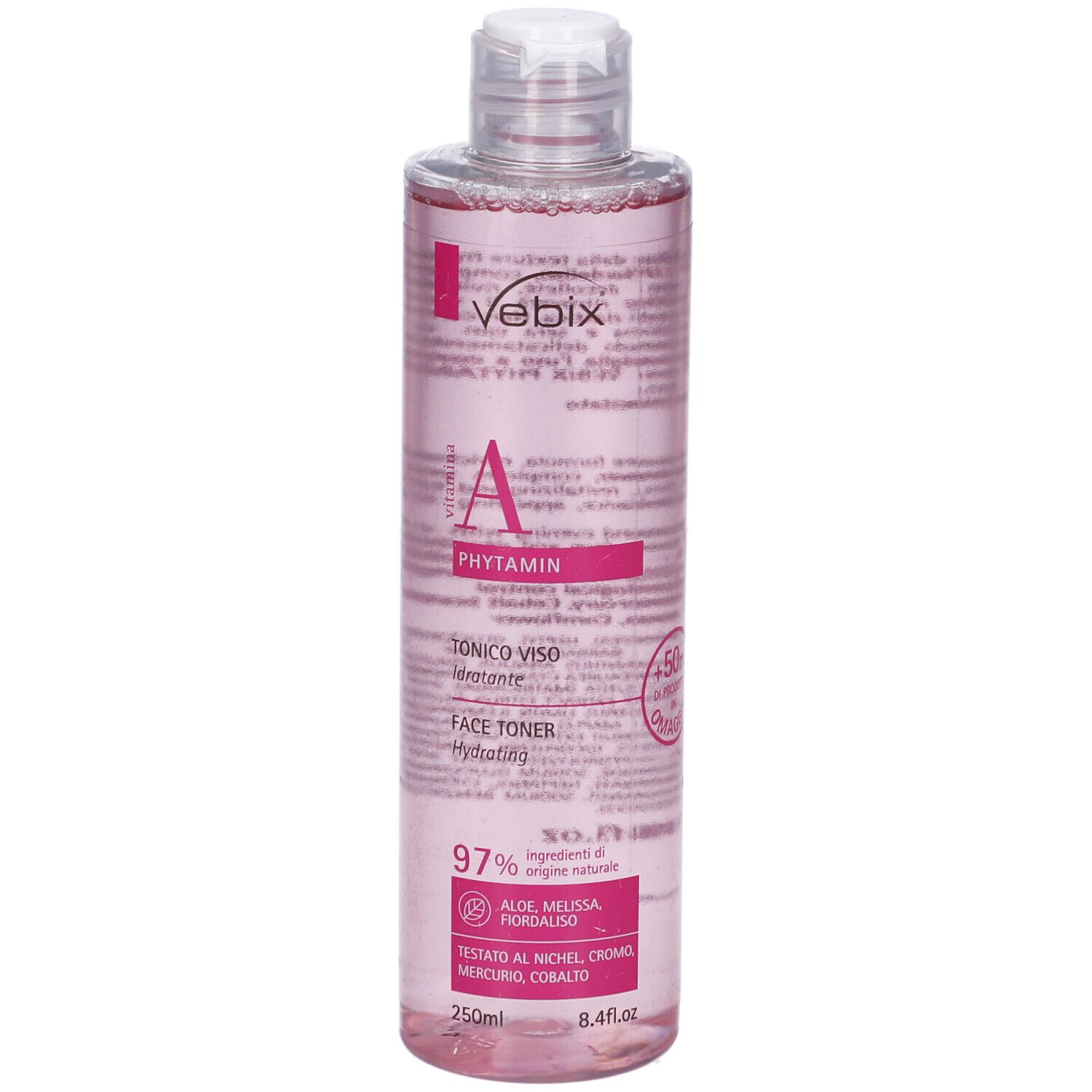 Flacone trasparente con liquido rosa e tappo bianco. Scritta: Vebix Phytamin A, Tonico Viso, Face Toner. 250ml.