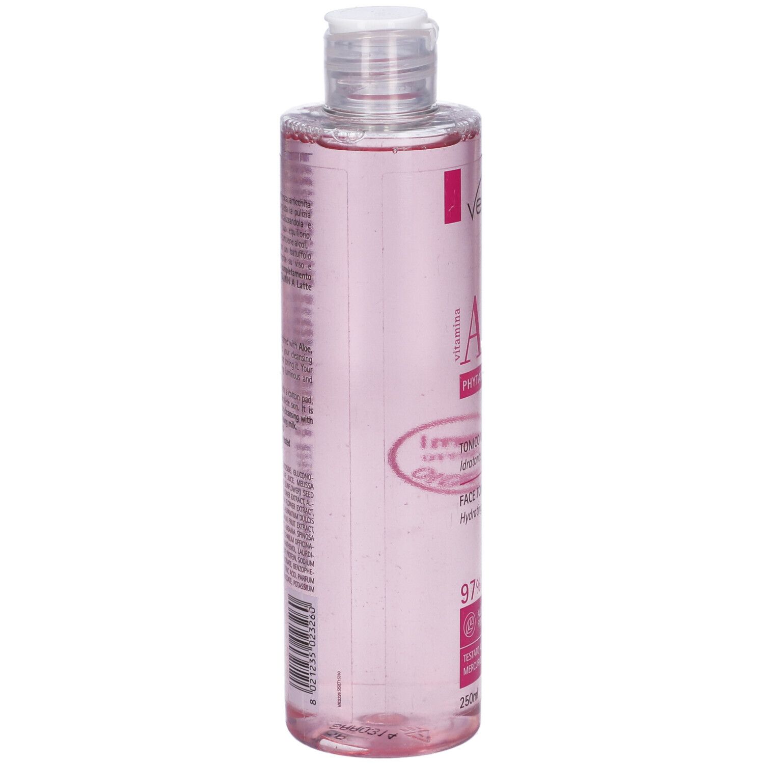 Flacone trasparente con liquido rosa e tappo bianco. Scritta: Vebix Phytamin A, Tonico Viso, Face Toner. 250ml.