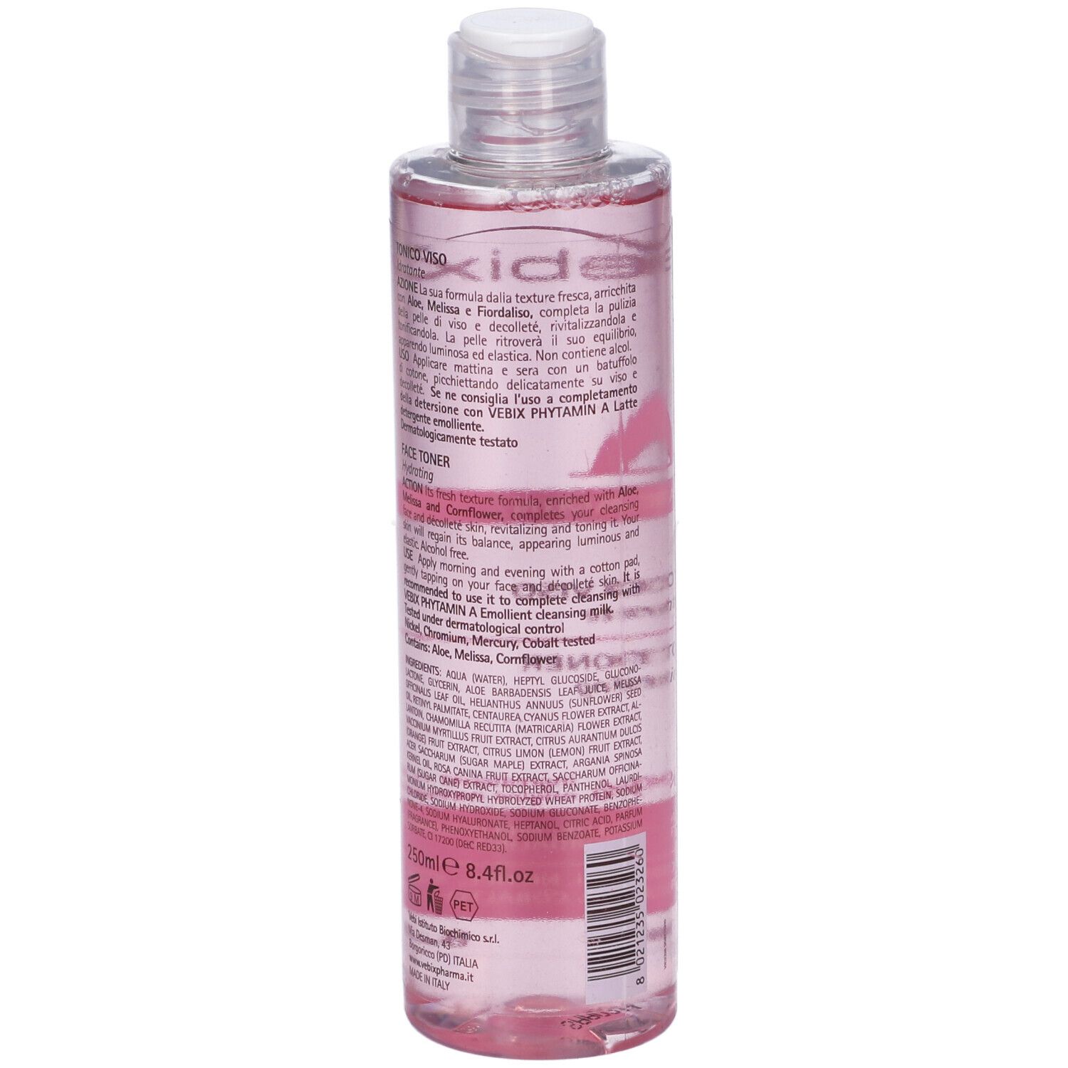 Flacone trasparente con liquido rosa e tappo bianco. Scritta: Vebix Phytamin A, Tonico Viso, Face Toner. 250ml.