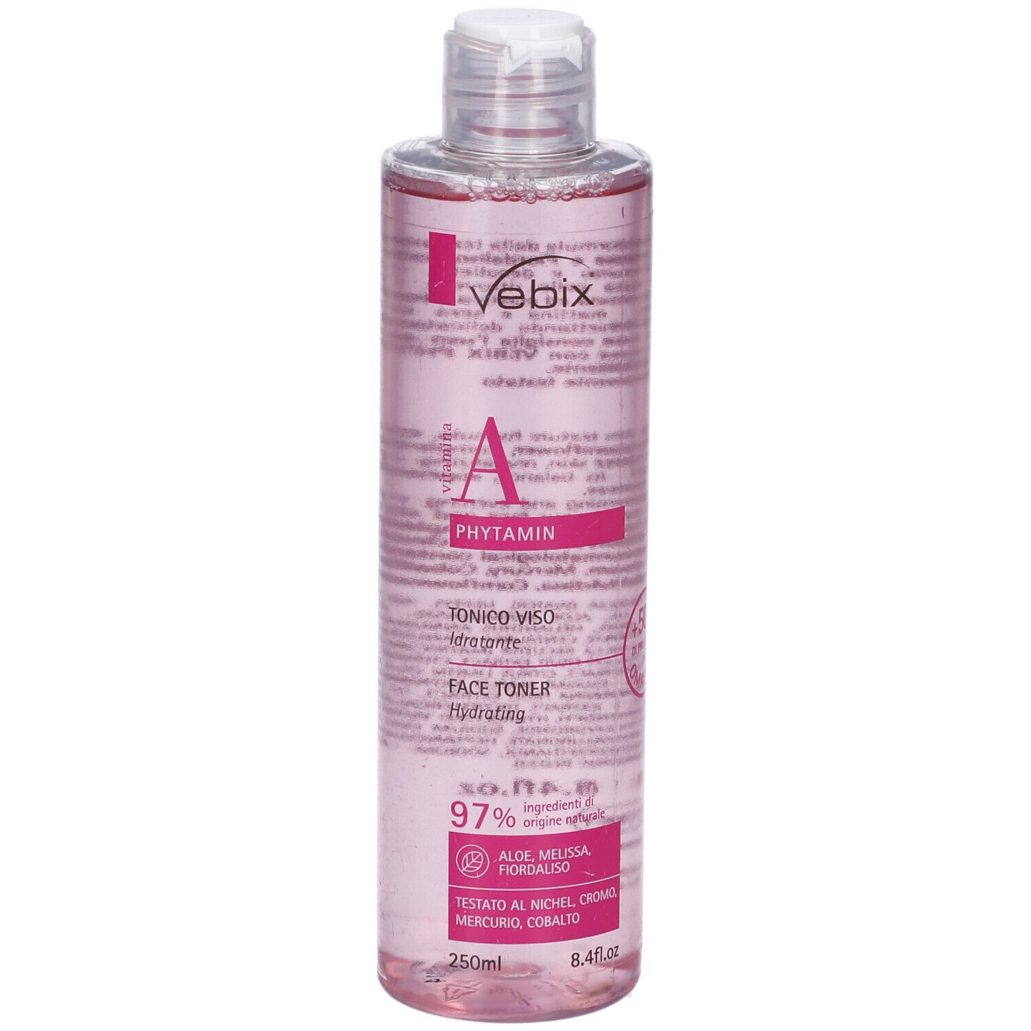 Flacone trasparente con liquido rosa e tappo bianco. Scritta: Vebix Phytamin A, Tonico Viso, Face Toner. 250ml.