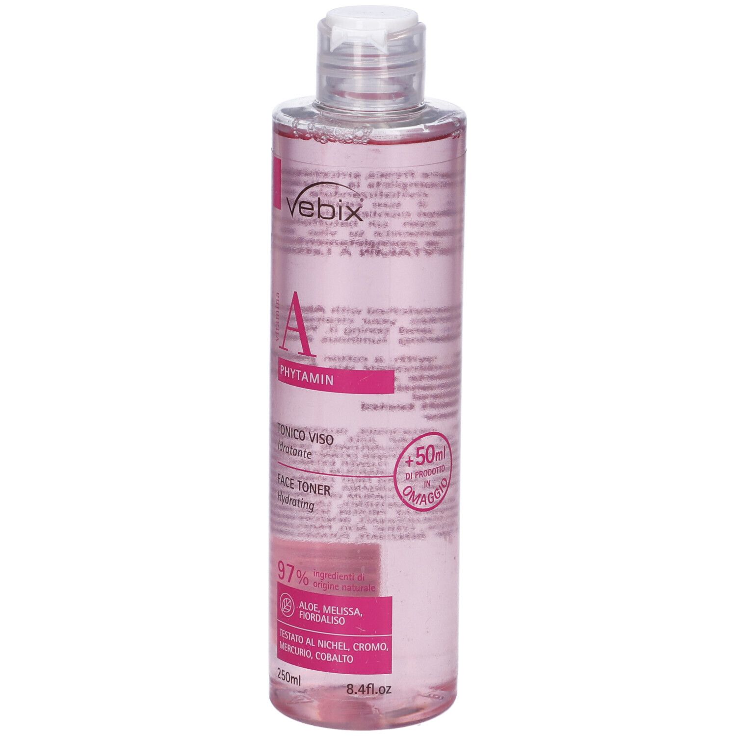 Flacone trasparente con liquido rosa e tappo bianco. Scritta: Vebix Phytamin A, Tonico Viso, Face Toner. 250ml.