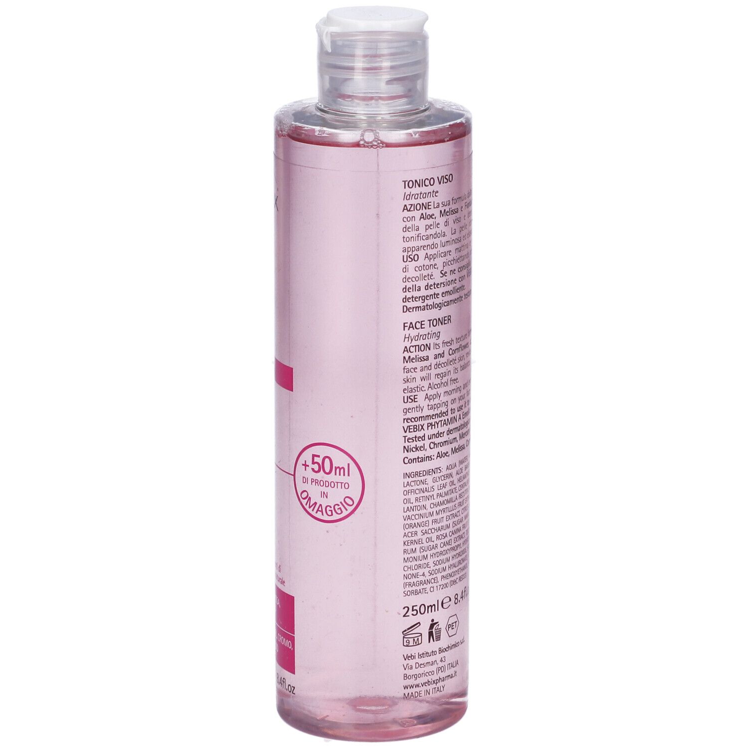 Flacone trasparente con liquido rosa e tappo bianco. Scritta: Vebix Phytamin A, Tonico Viso, Face Toner. 250ml.