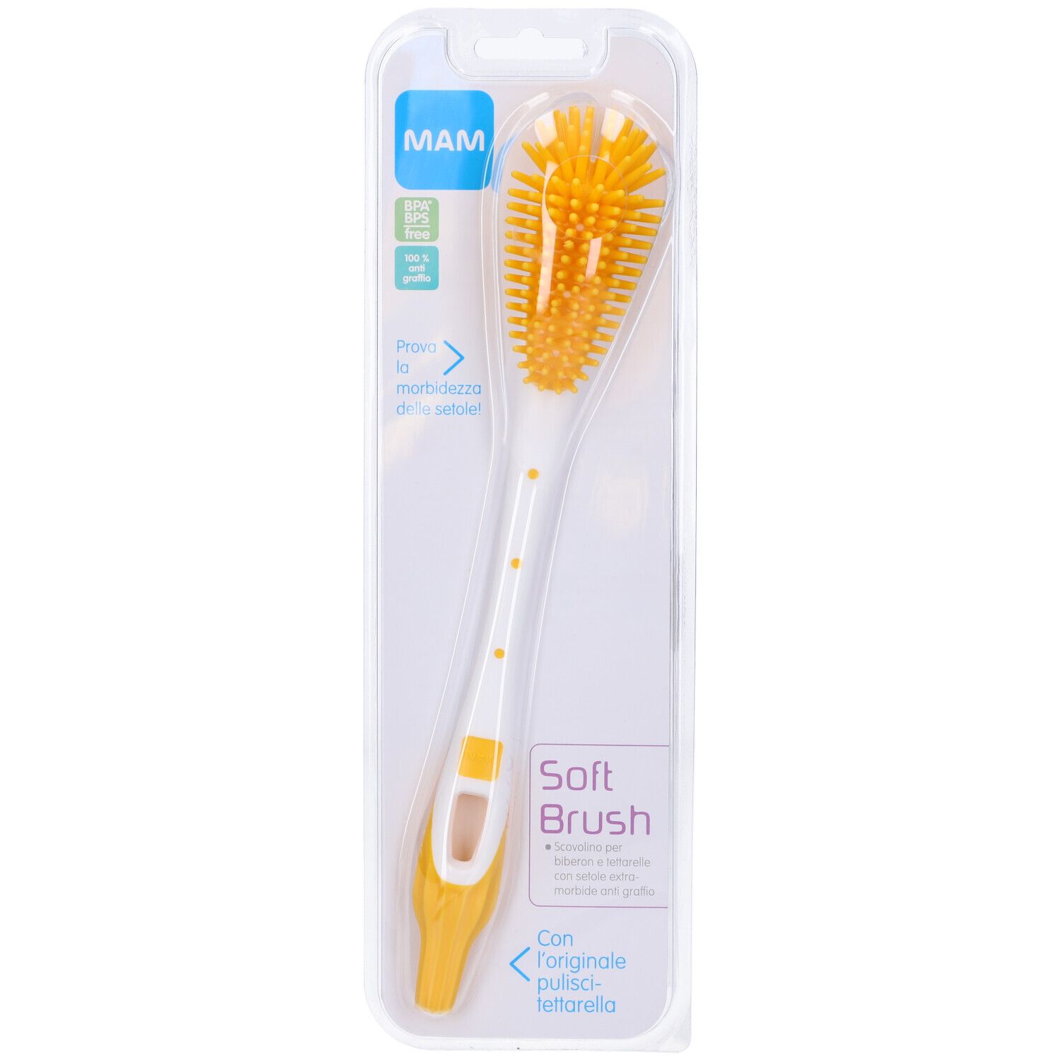Confezione con spazzola gialla. Sulla confezione c'è scritto "Soft Brush" e "MAM".