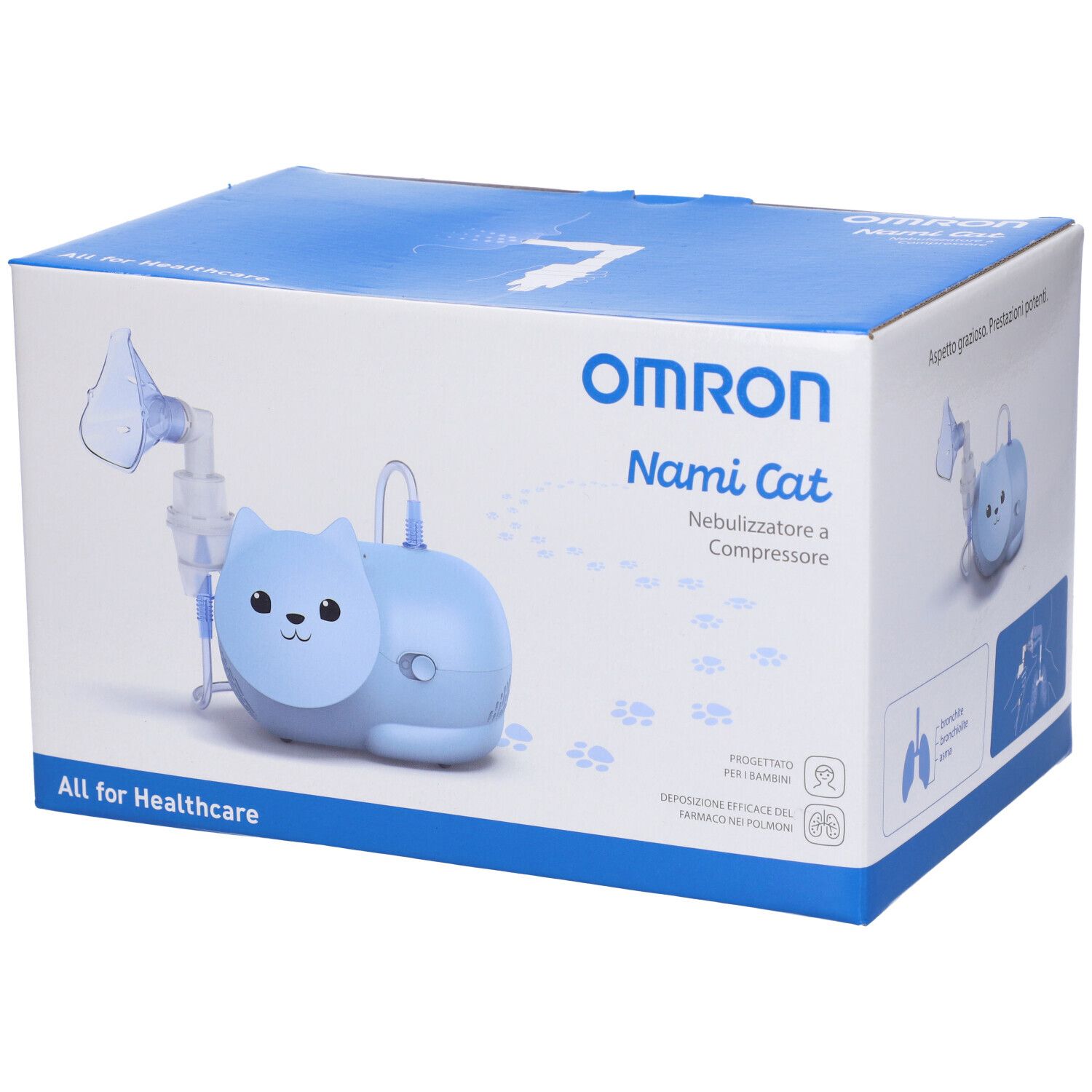 Confezione di nebulizzatore a compressore OMRON Nami Cat blu. Immagine del prodotto e accessori. Testo: "All for Healthcare".
