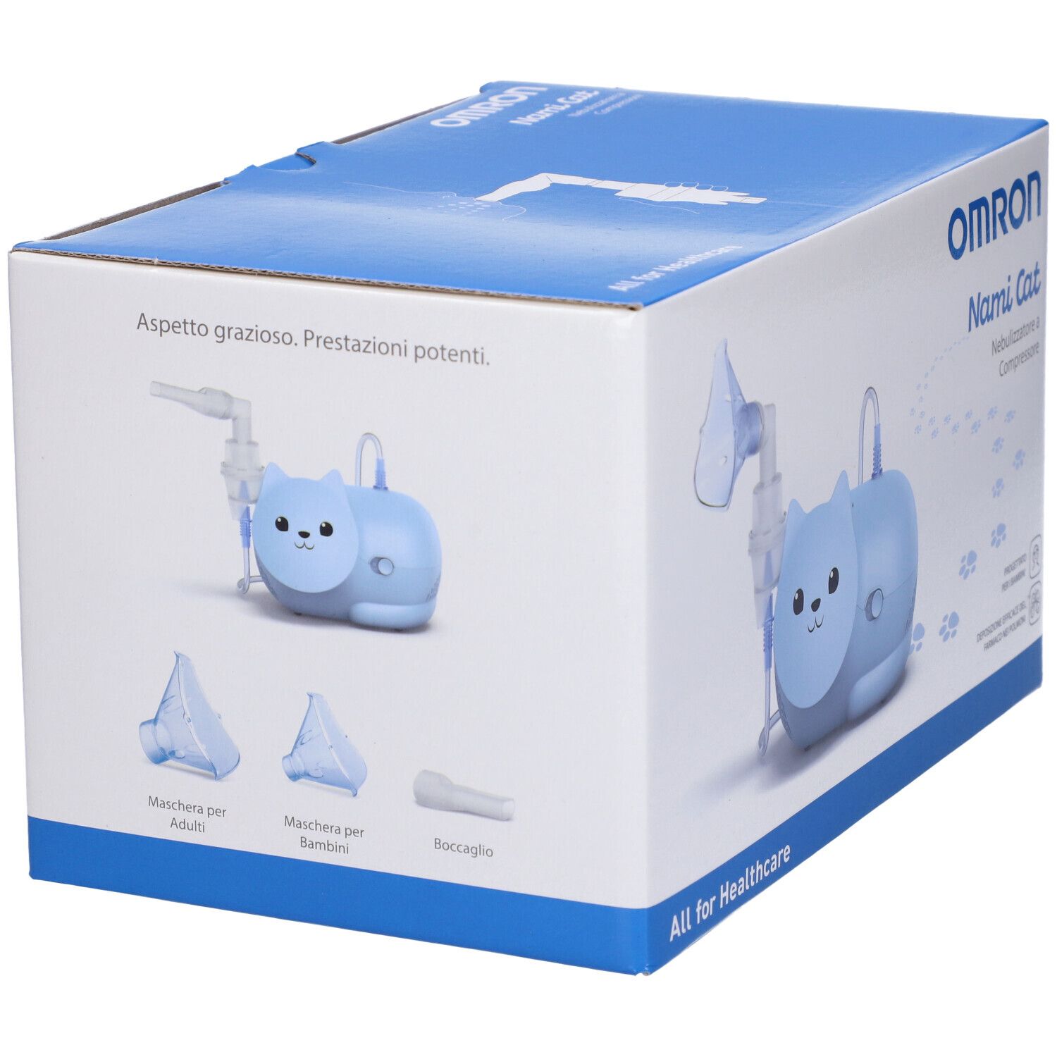 Confezione del nebulizzatore OMRON Nami Cat. Immagine del prodotto e accessori. Testo: "Aspekt grazioso. Prestazioni potenti."