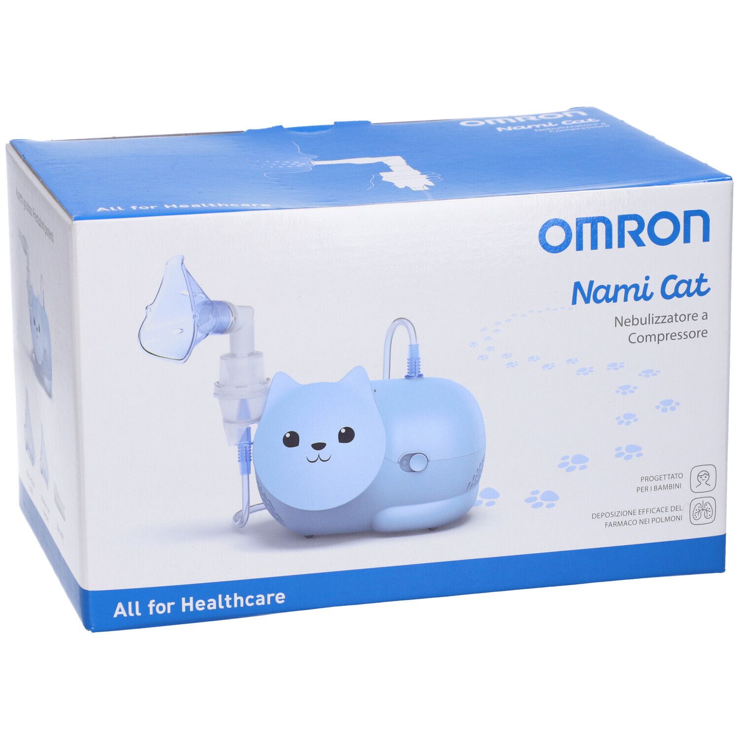 Nebulizzatore a compressore OMRON Nami Cat blu. Confezione con immagine del prodotto e testo: "Nebulizzatore a Compressore".