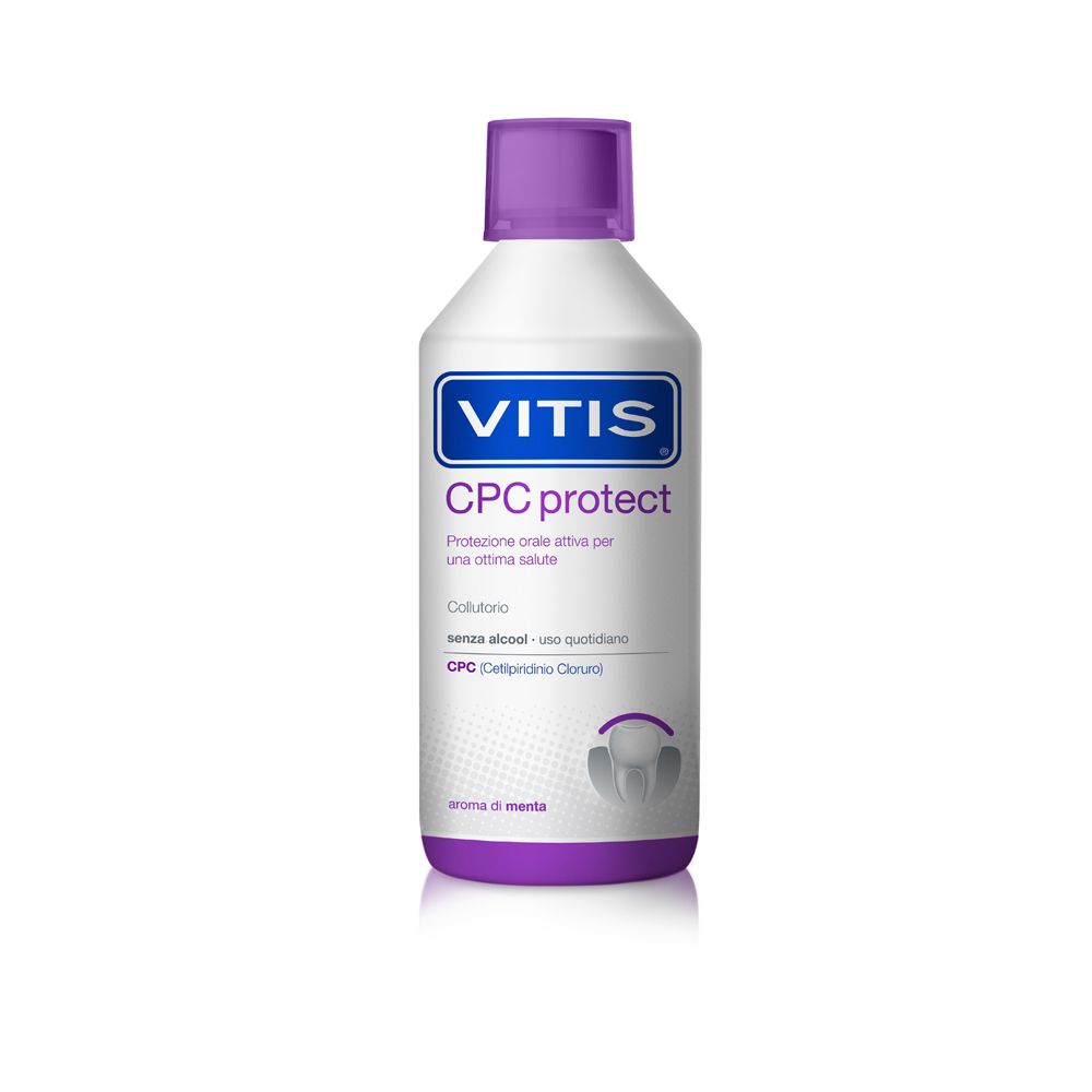 Flacone bianco-viola con etichetta blu. Scritta: VITIS CPC protect. Collutorio. Senza alcool. Aroma menta.