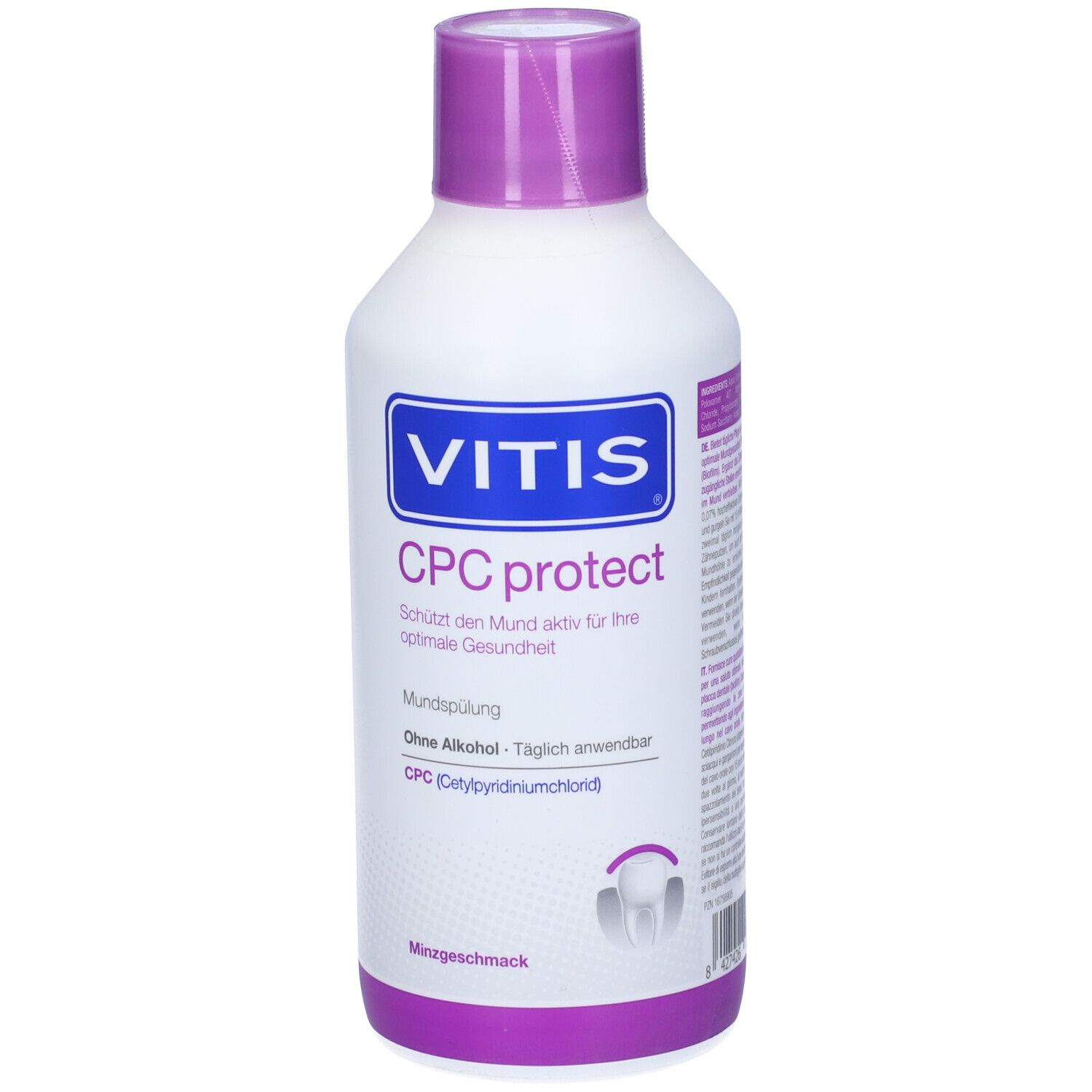 Flacone bianco-viola con etichetta blu. Scritta: VITIS CPC protect. Collutorio. Senza alcool. Aroma menta.