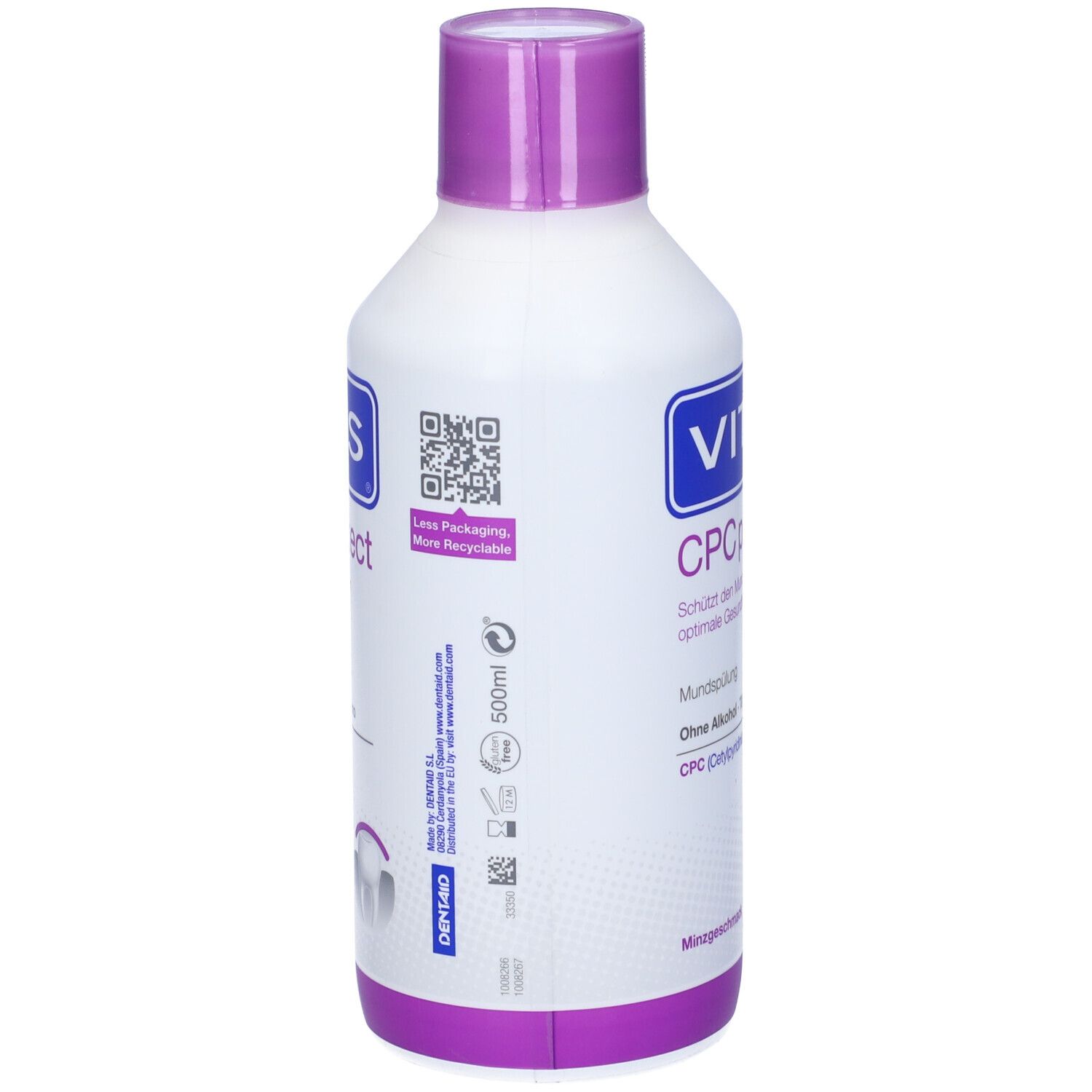 Flacone bianco-viola con etichetta blu. Scritta: VITIS CPC protect. Collutorio. Senza alcool. Aroma menta.