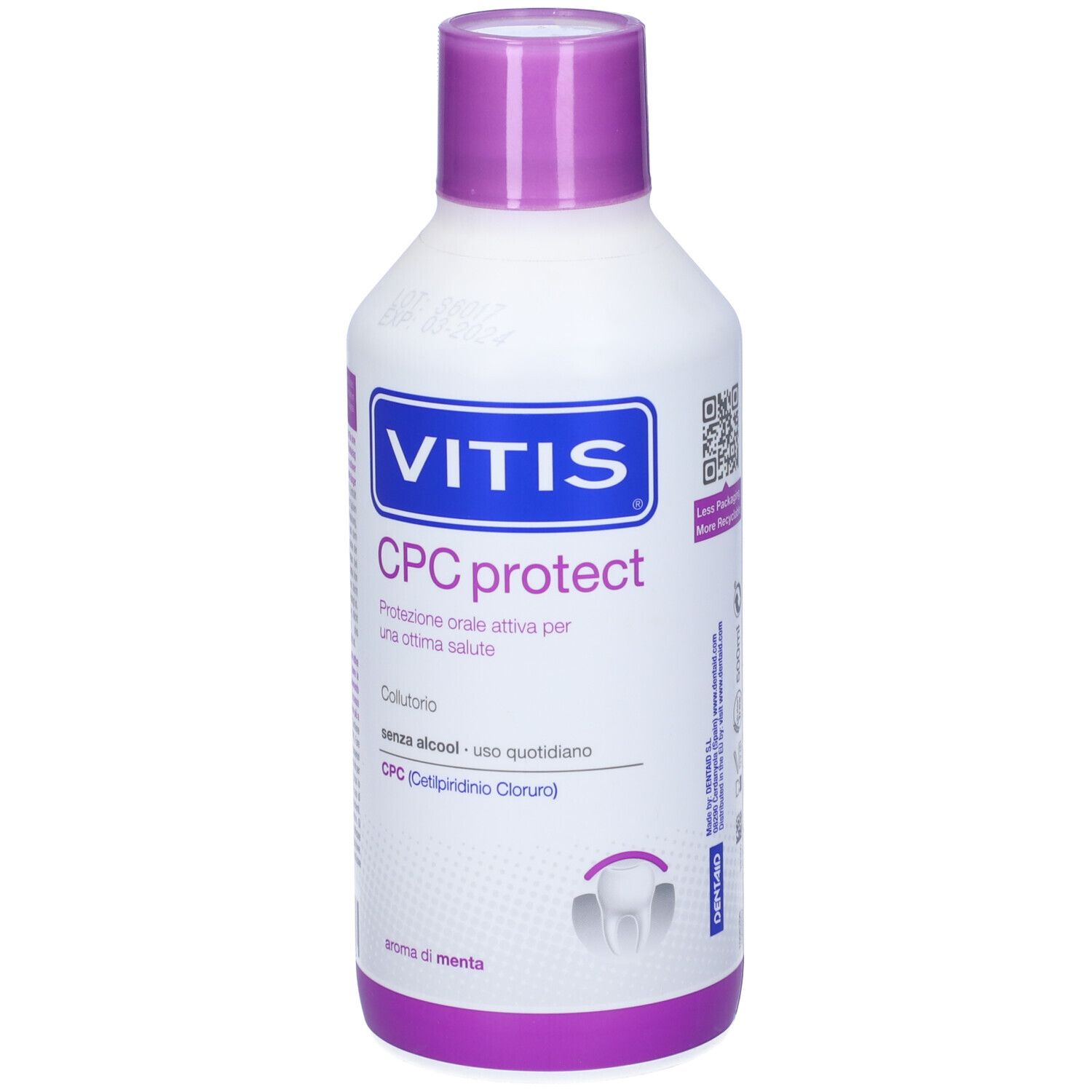 Flacone bianco-viola con etichetta blu. Scritta: VITIS CPC protect. Collutorio. Senza alcool. Aroma menta.