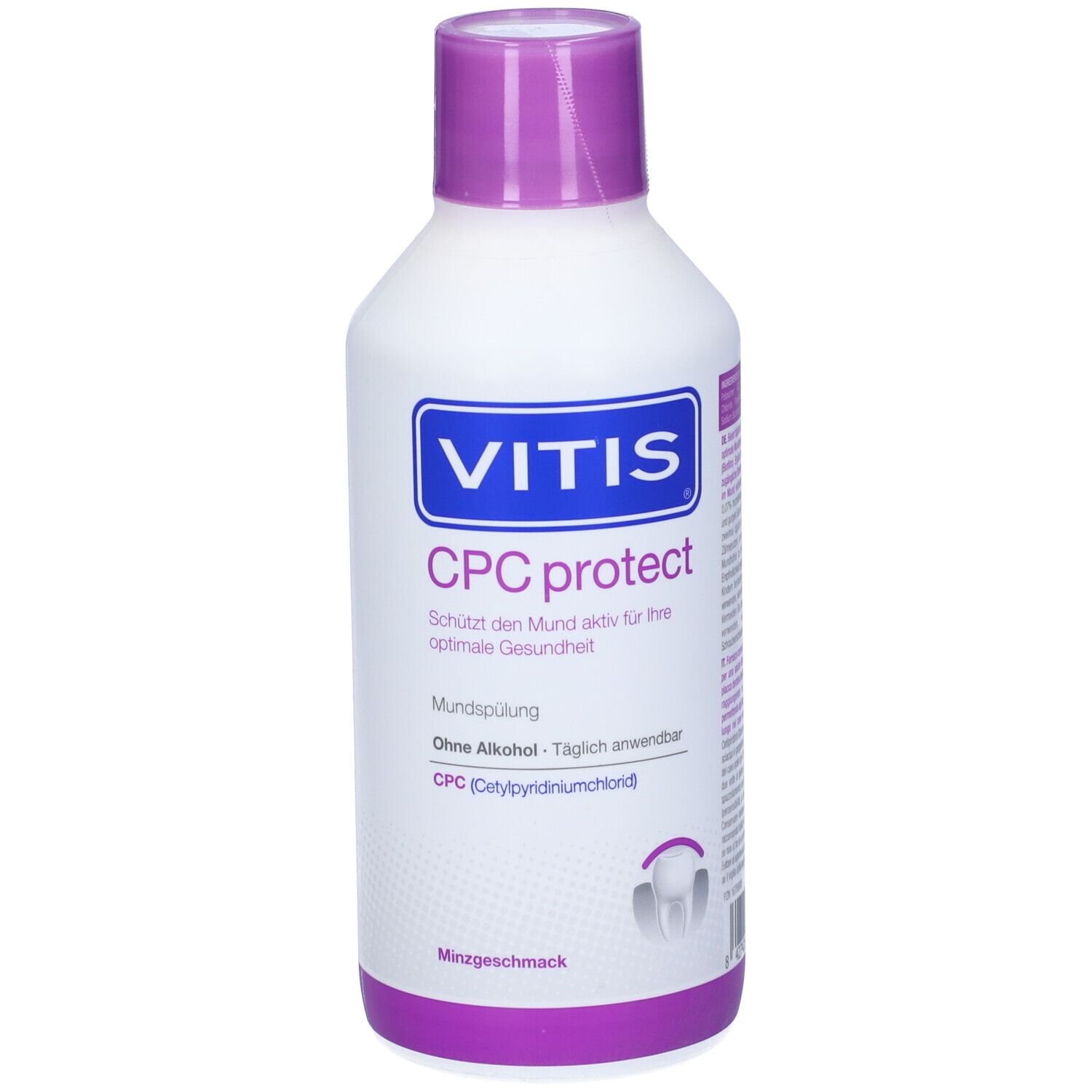 Flacone bianco-viola con etichetta blu. Scritta: VITIS CPC protect. Collutorio. Senza alcool. Aroma menta.