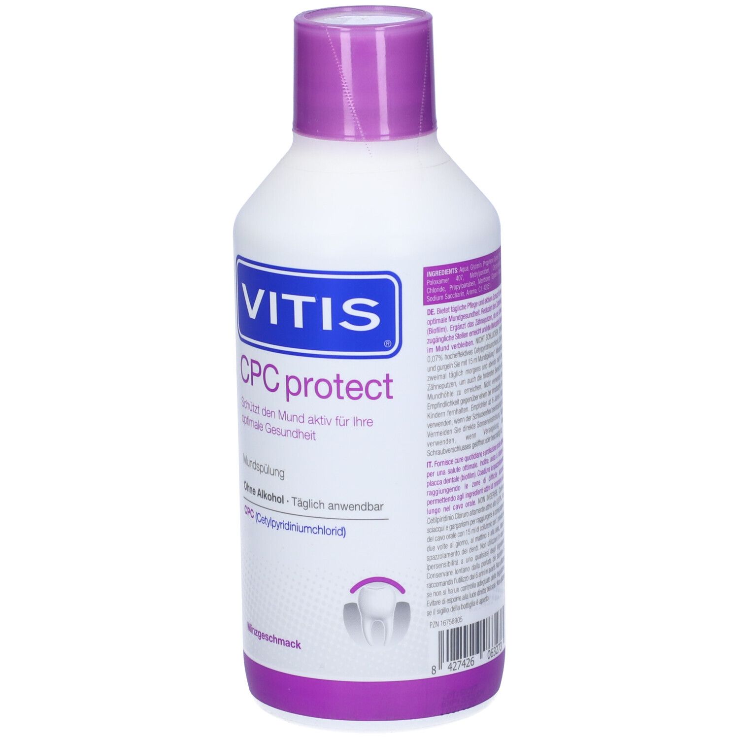 Flacone bianco-viola con etichetta blu. Scritta: VITIS CPC protect. Collutorio. Senza alcool. Aroma menta.