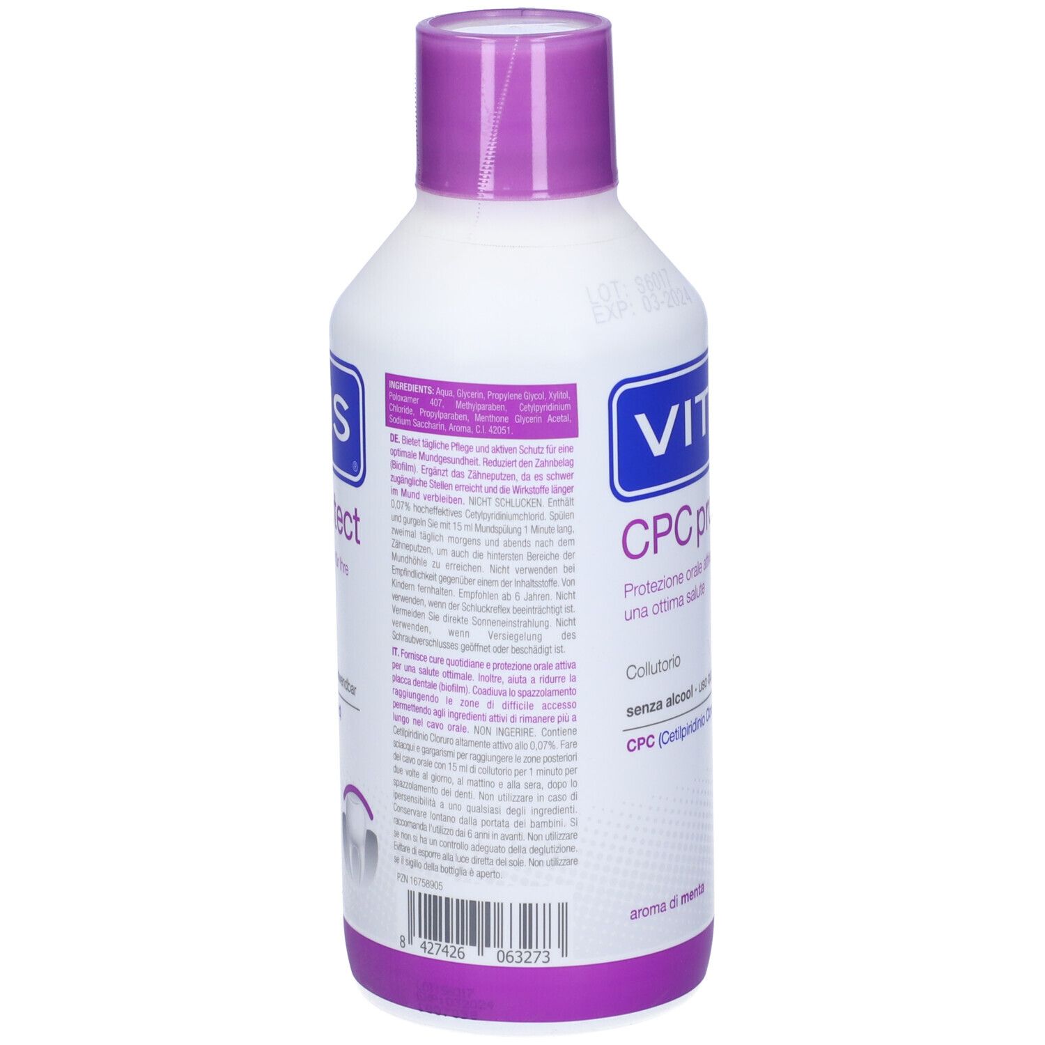 Flacone bianco-viola con etichetta blu. Scritta: VITIS CPC protect. Collutorio. Senza alcool. Aroma menta.