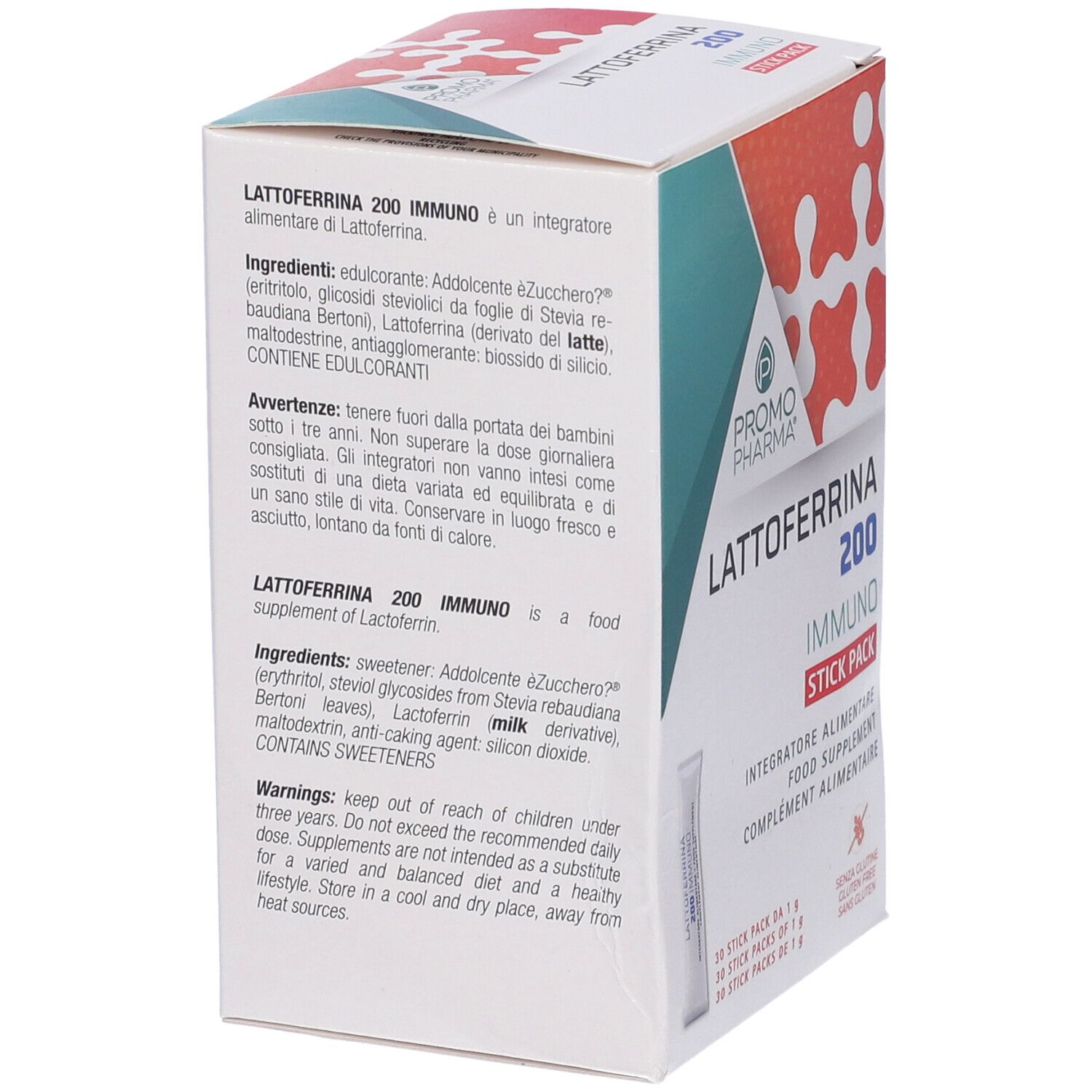 Retro scatola Lactoferrina 200 Immuno. Ingredienti e avvertenze.