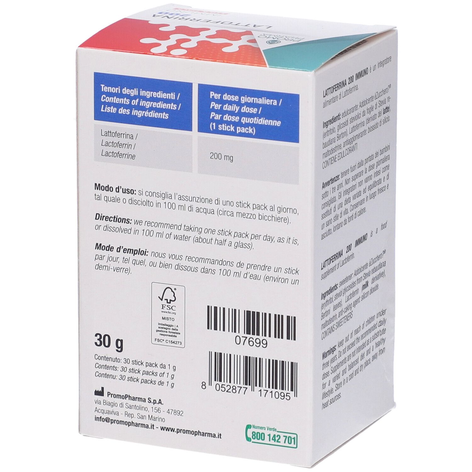 Retro scatola Lactoferrina 200 Immuno. Ingredienti, dosaggio e logo FSC.