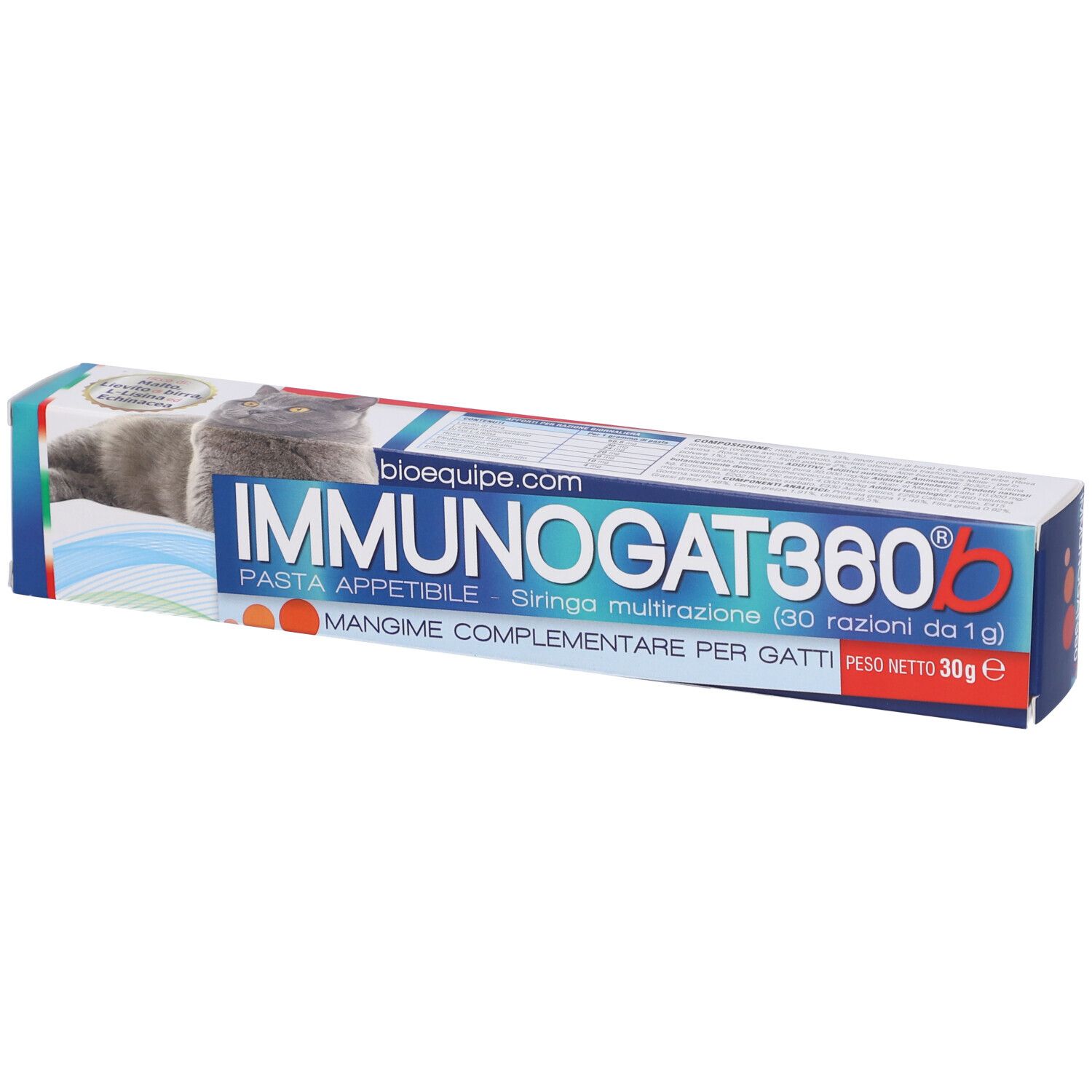 Confezione prodotto con nome e gatto. Testo: Immunogat360b, Pasta appetibile, 30g, Mangime complementare per gatti.