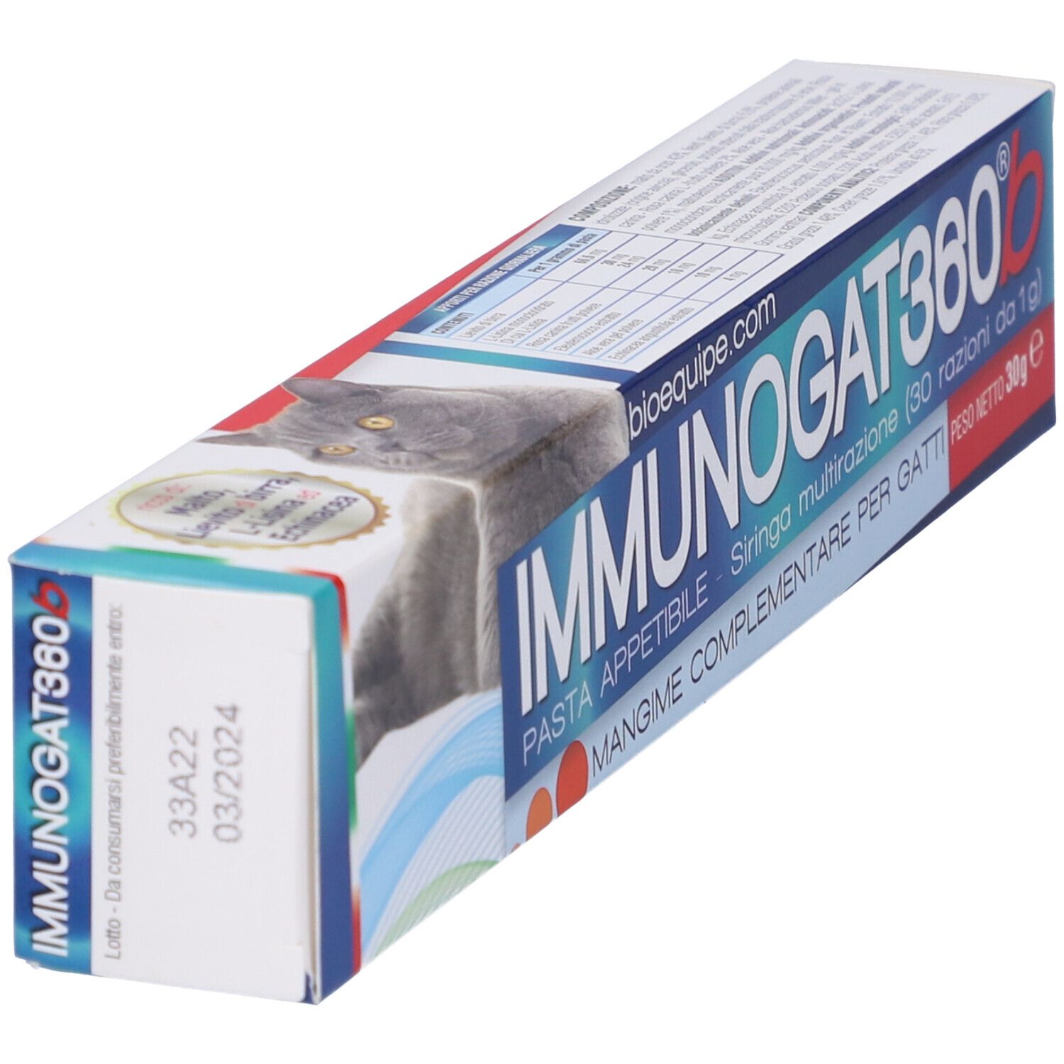 Confezione prodotto con gatto e testo. Testo: Immunogat360b, Pasta appetibile, Mangime complementare per gatti, 30g, 03/2024.