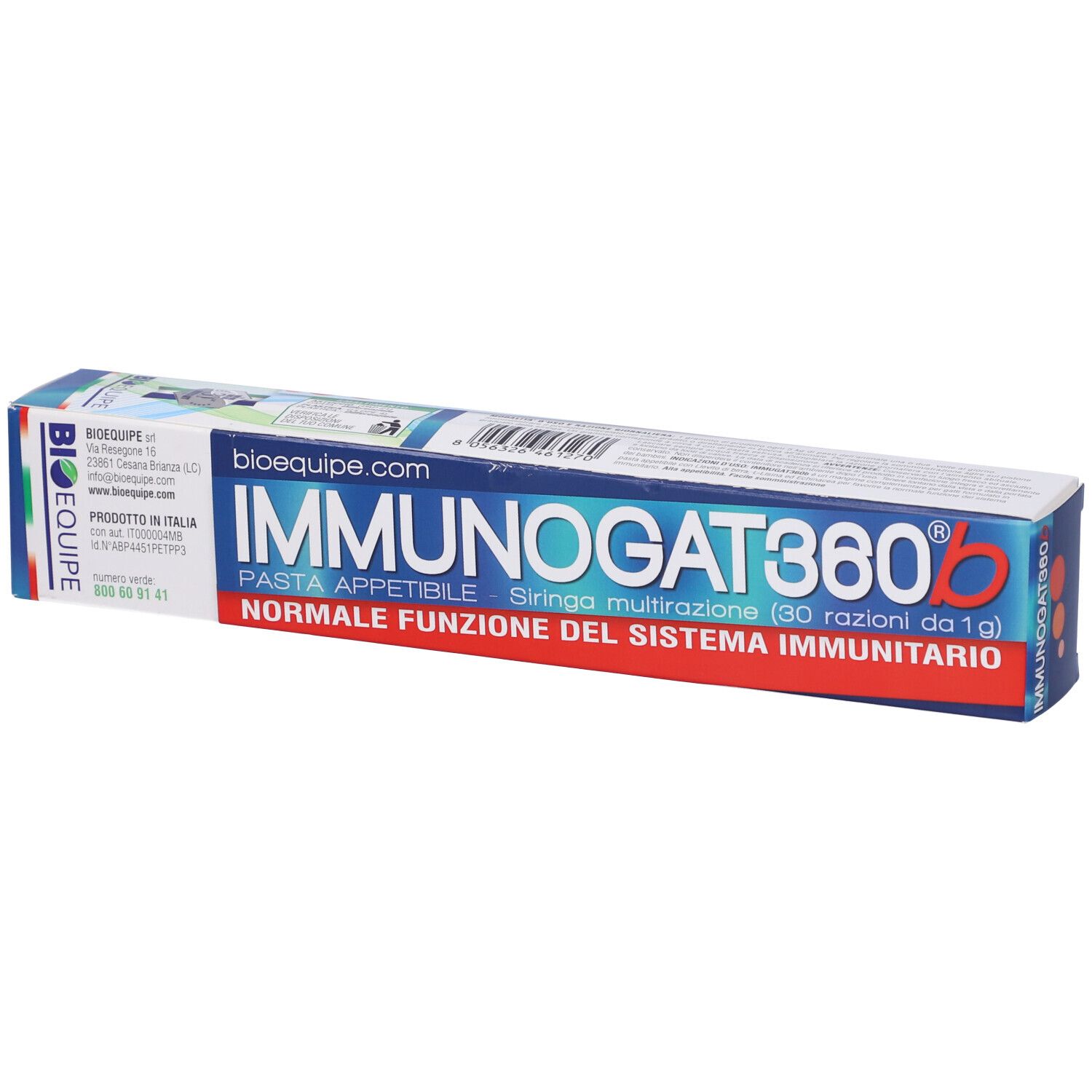 Confezione prodotto con nome. Testo: Immunogat360b, Pasta appetibile, Normale funzione del sistema immunitario.