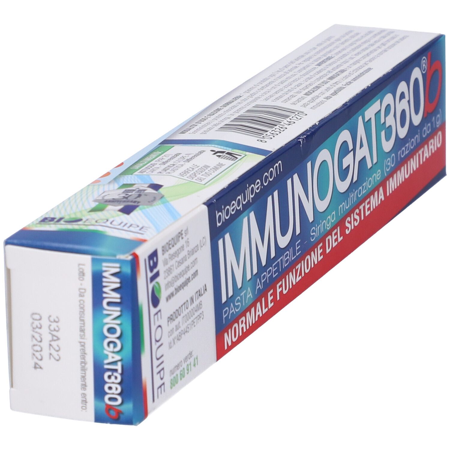 Confezione prodotto con testo. Testo: Immunogat360b, Pasta appetibile, Normale funzione del sistema immunitario, 03/2024.