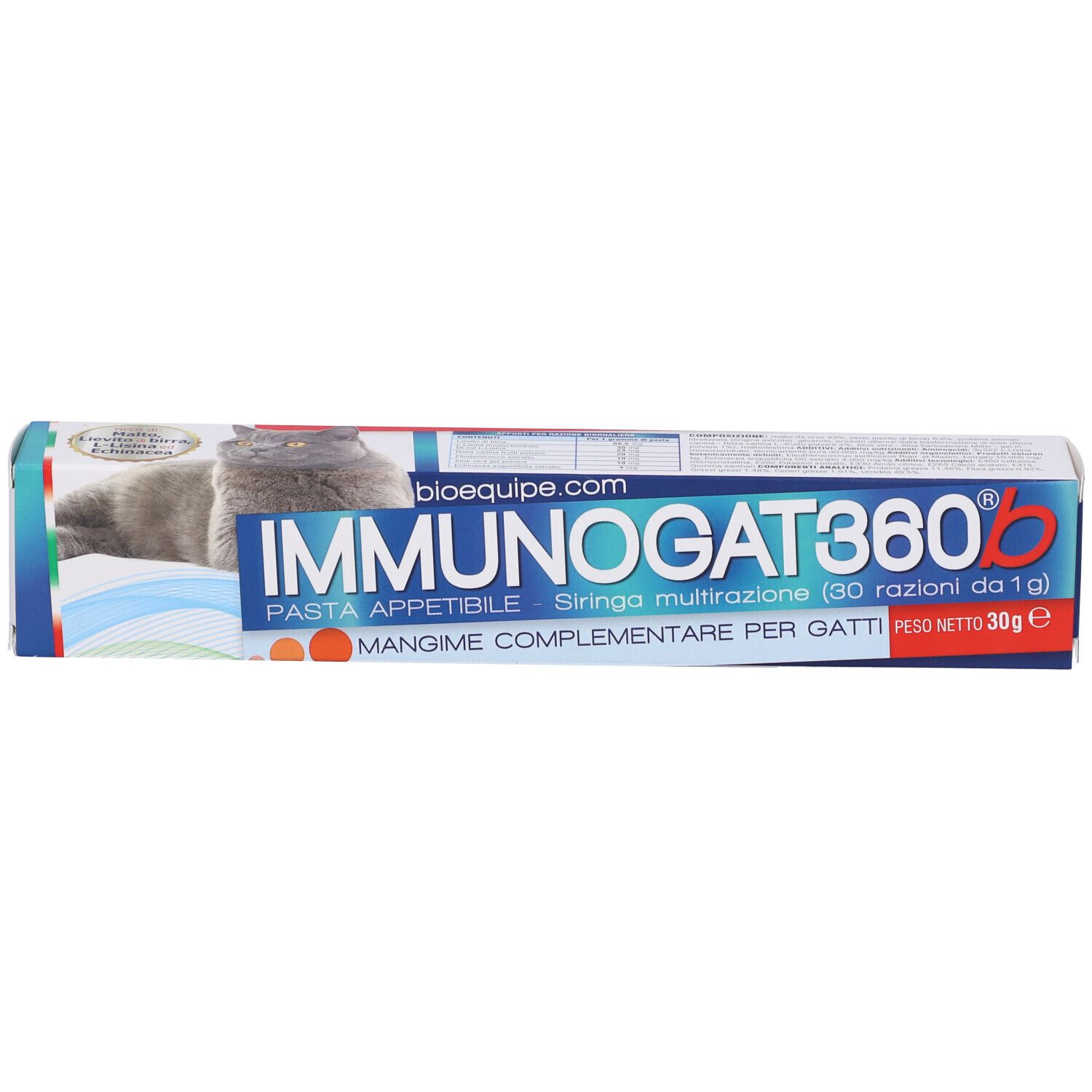 Confezione prodotto con gatto e testo. Testo: Immunogat360b, Pasta appetibile, Mangime complementare per gatti, 30g.