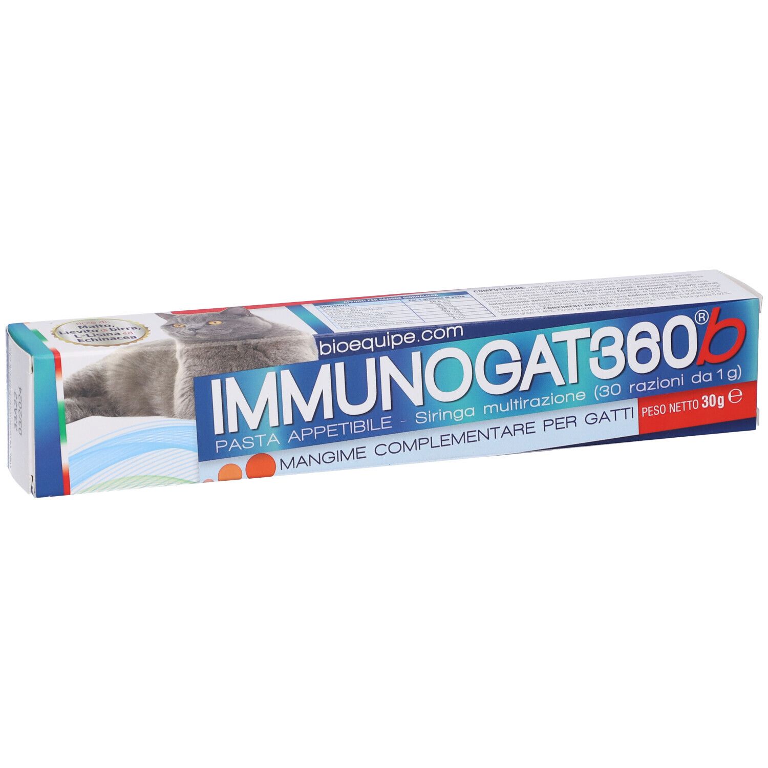 Confezione prodotto con gatto e testo. Testo: Immunogat360b, Pasta appetibile, Mangime complementare per gatti, 30g.