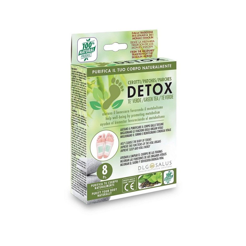 Scatola verde con DETOX, 8 cerotti per piedi. Contiene tè verde. Con marchio CE e 100% naturale.