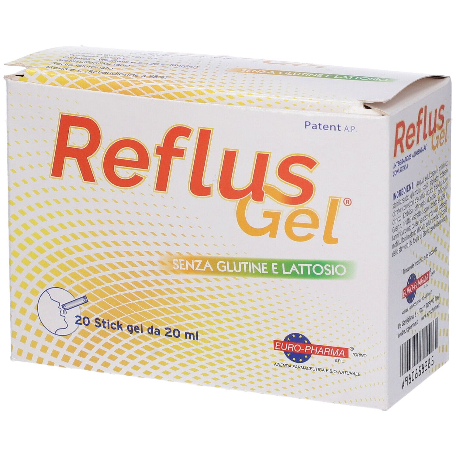 Confezione di Reflus Gel. Contiene 20 stick gel. Scritta: senza glutine e lattosio.