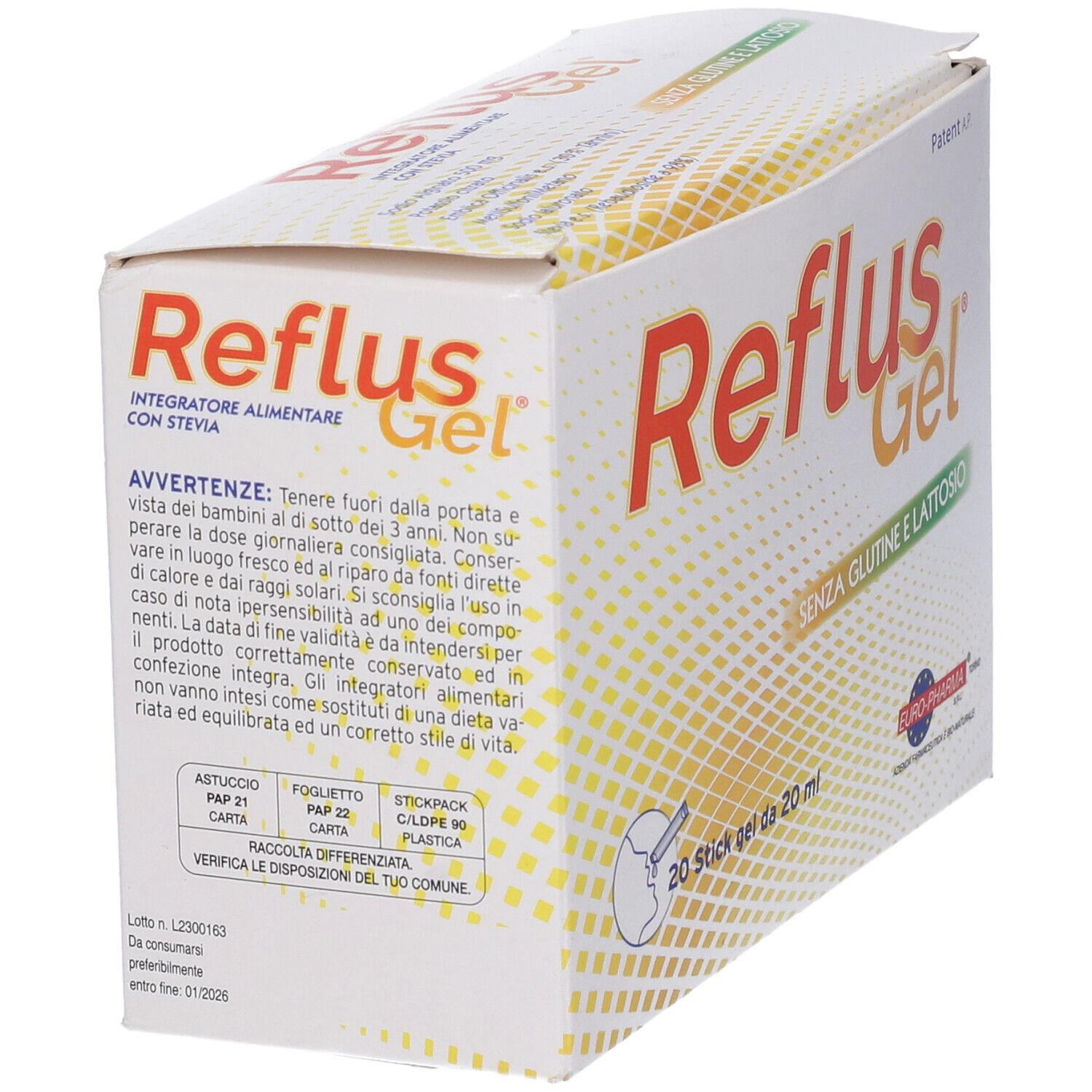 Confezione di Reflus Gel. Contiene 20 stick gel. Testo: senza glutine e lattosio. Con informazioni.