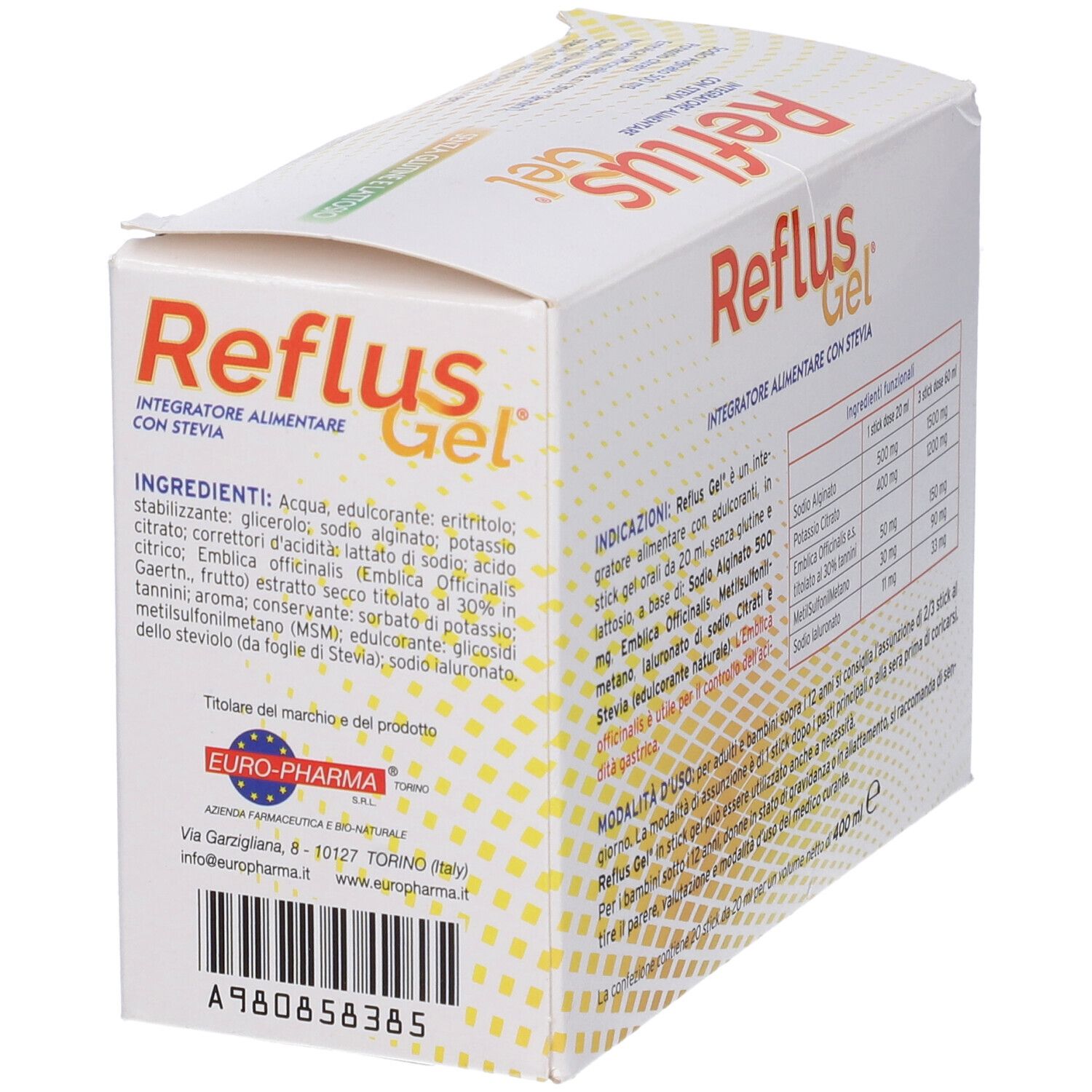 Confezione di Reflus Gel. Contiene 20 stick gel. Con informazioni e istruzioni per l'uso.
