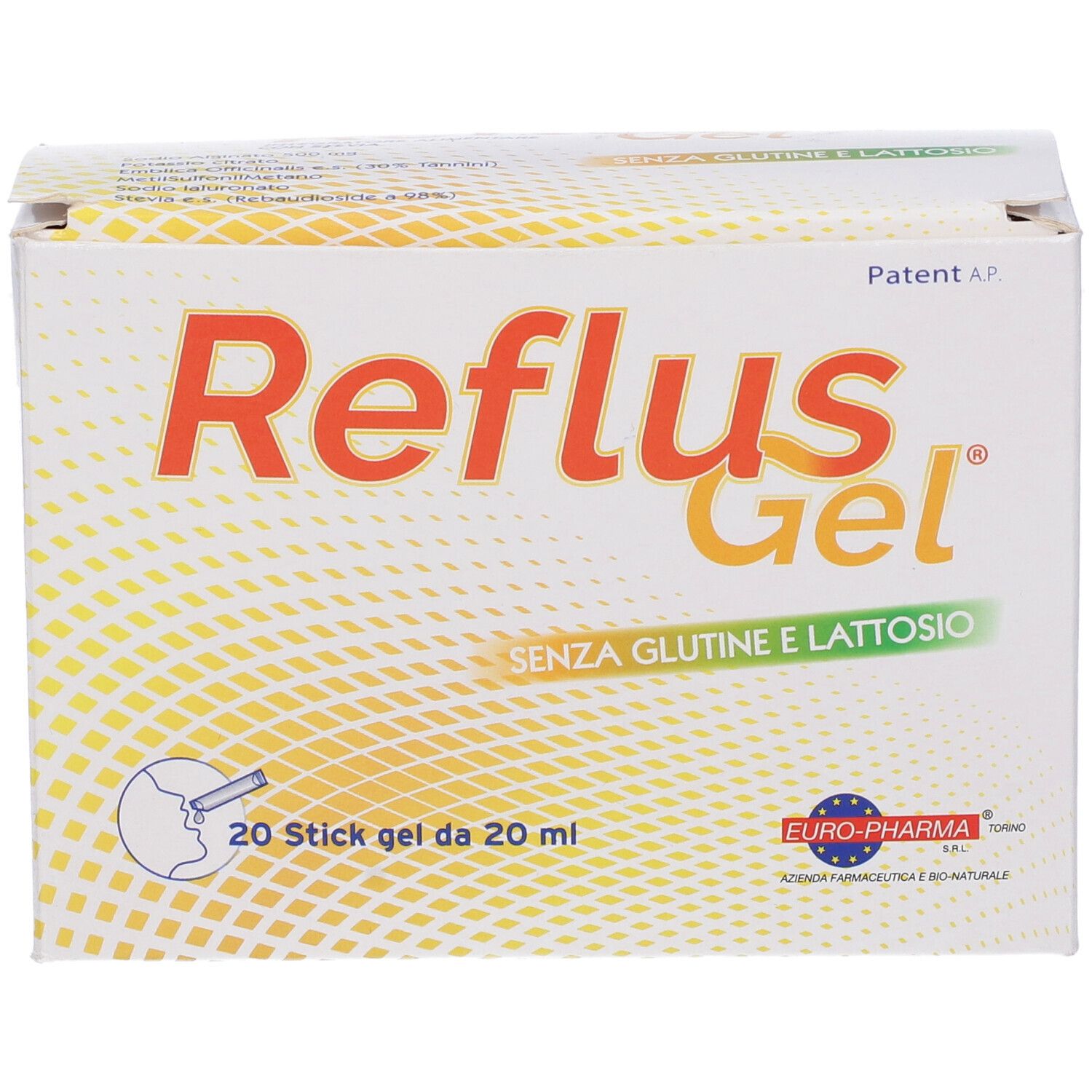Confezione di Reflus Gel. Contiene 20 stick gel. Scritta: senza glutine e lattosio.