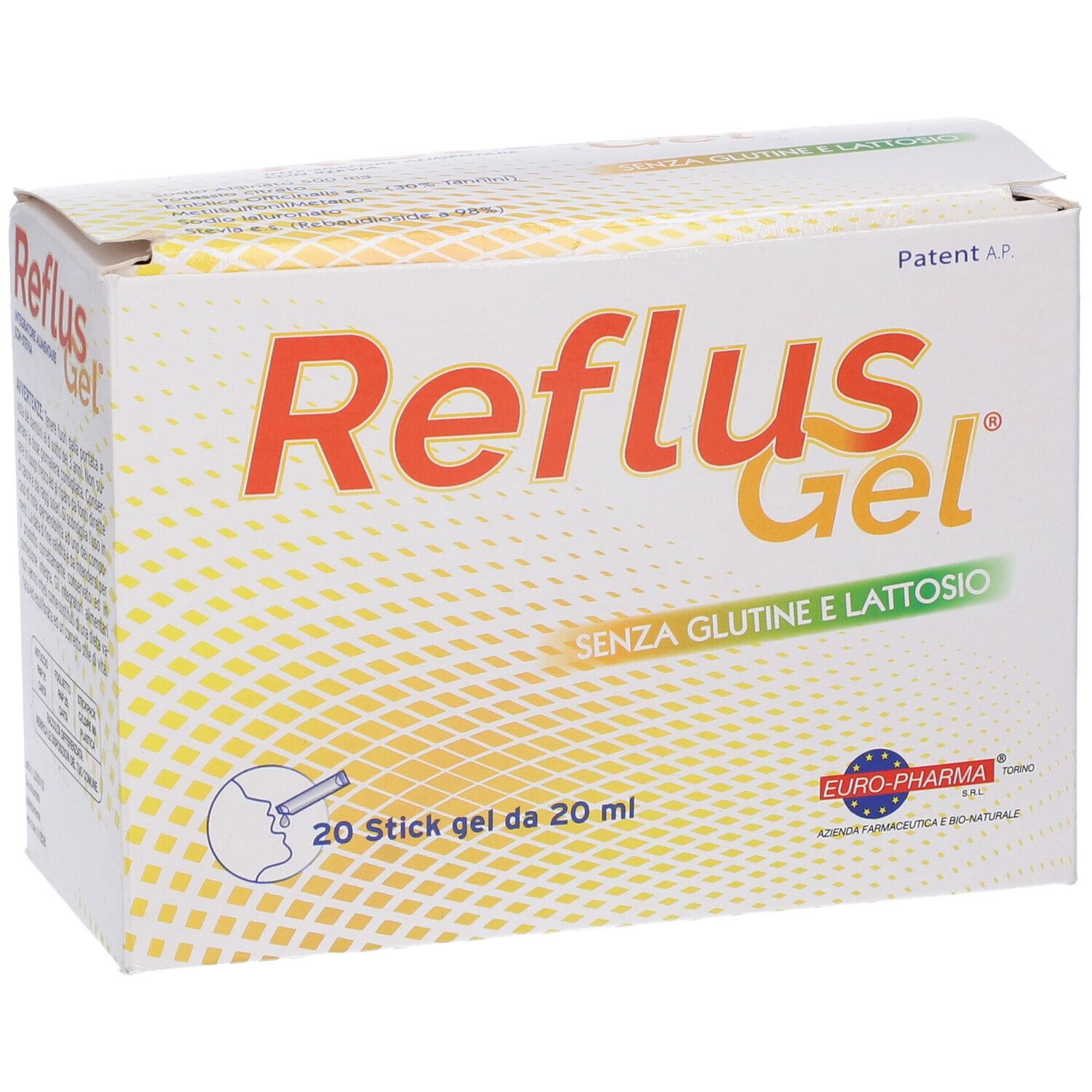 Confezione di Reflus Gel. Contiene 20 stick gel. Scritta: senza glutine e lattosio.