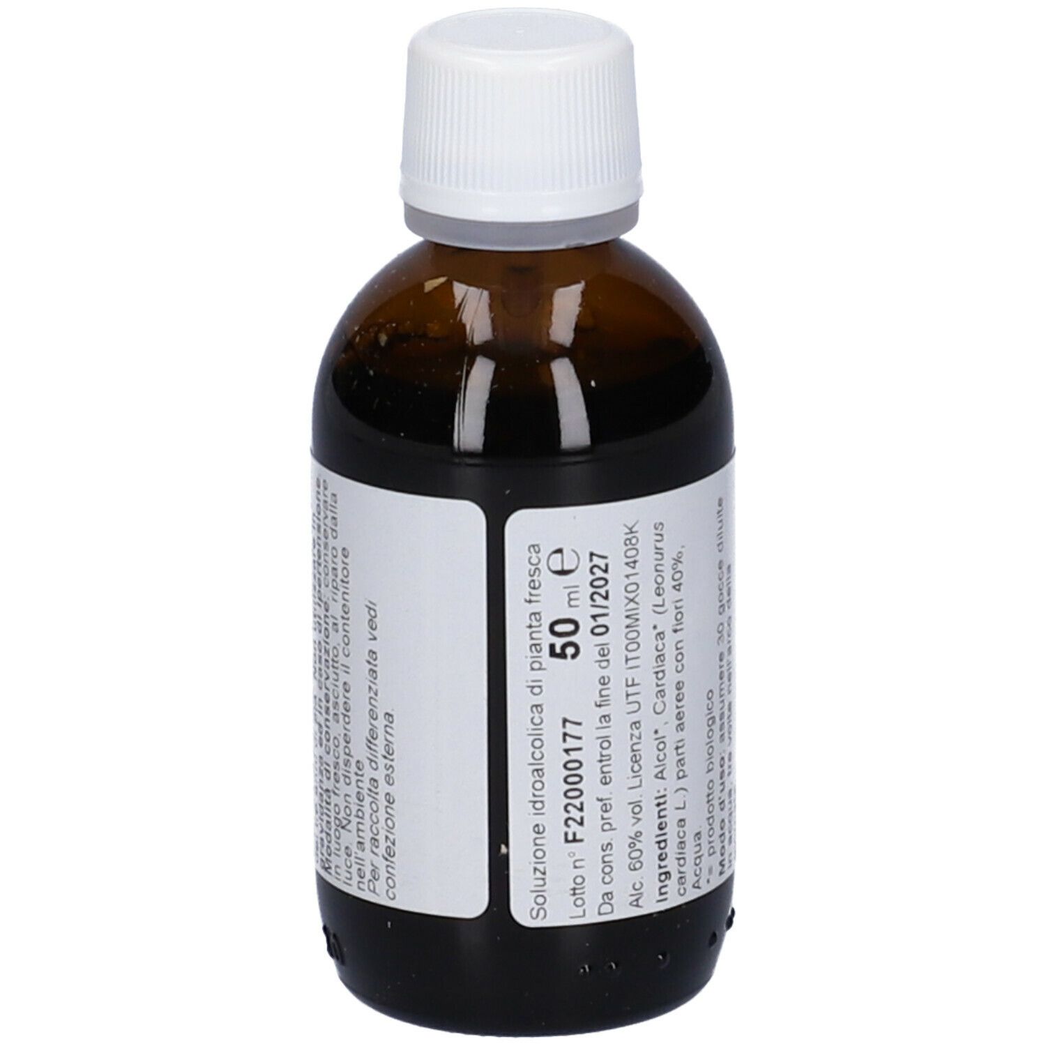 Bottiglia di vetro marrone con tappo bianco. Etichetta con testo. Contiene 50 ml di liquido. Scritto: Macerato di pianta fresca.