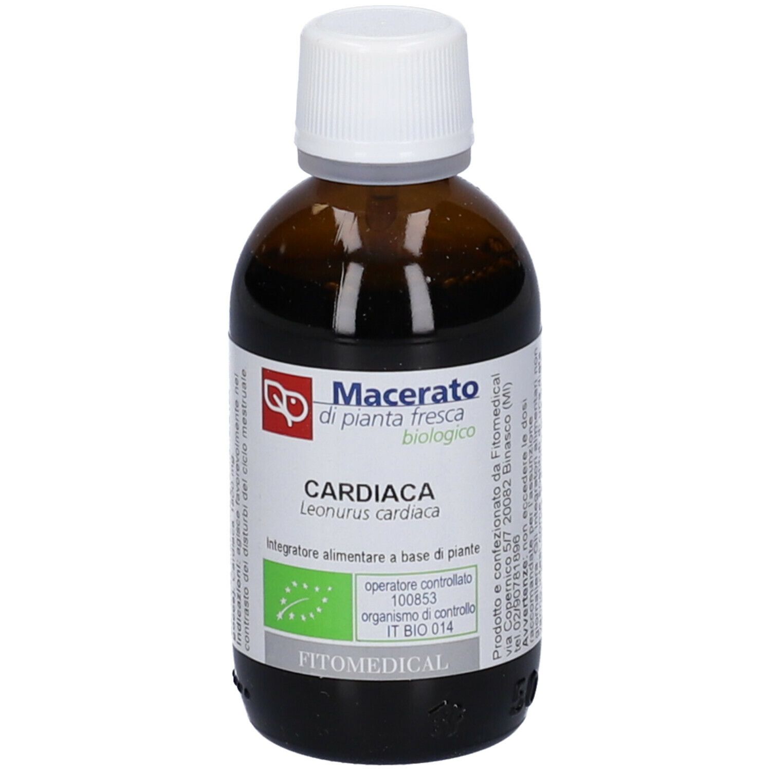 Bottiglia di vetro marrone con tappo bianco. Etichetta con testo. Scritto: Cardiaca, Macerato di pianta fresca, biologico. Marchio: Fitomedical.