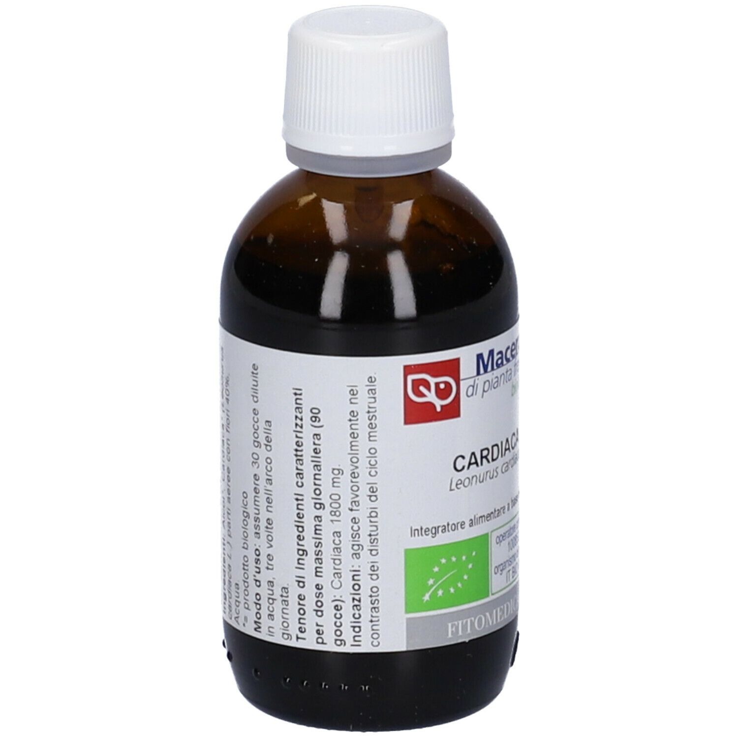 Bottiglia di vetro marrone con tappo bianco. Etichetta con testo. Scritto: Cardiaca, Macerato di pianta fresca. Marchio: Fitomedical.