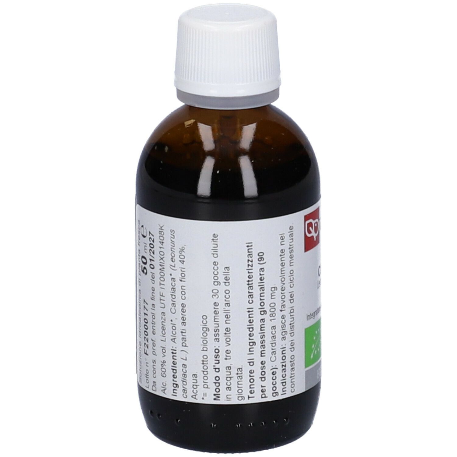 Bottiglia di vetro marrone con tappo bianco. Etichetta con testo. Scritto: Cardiaca, 50 ml. Marchio: Fitomedical.