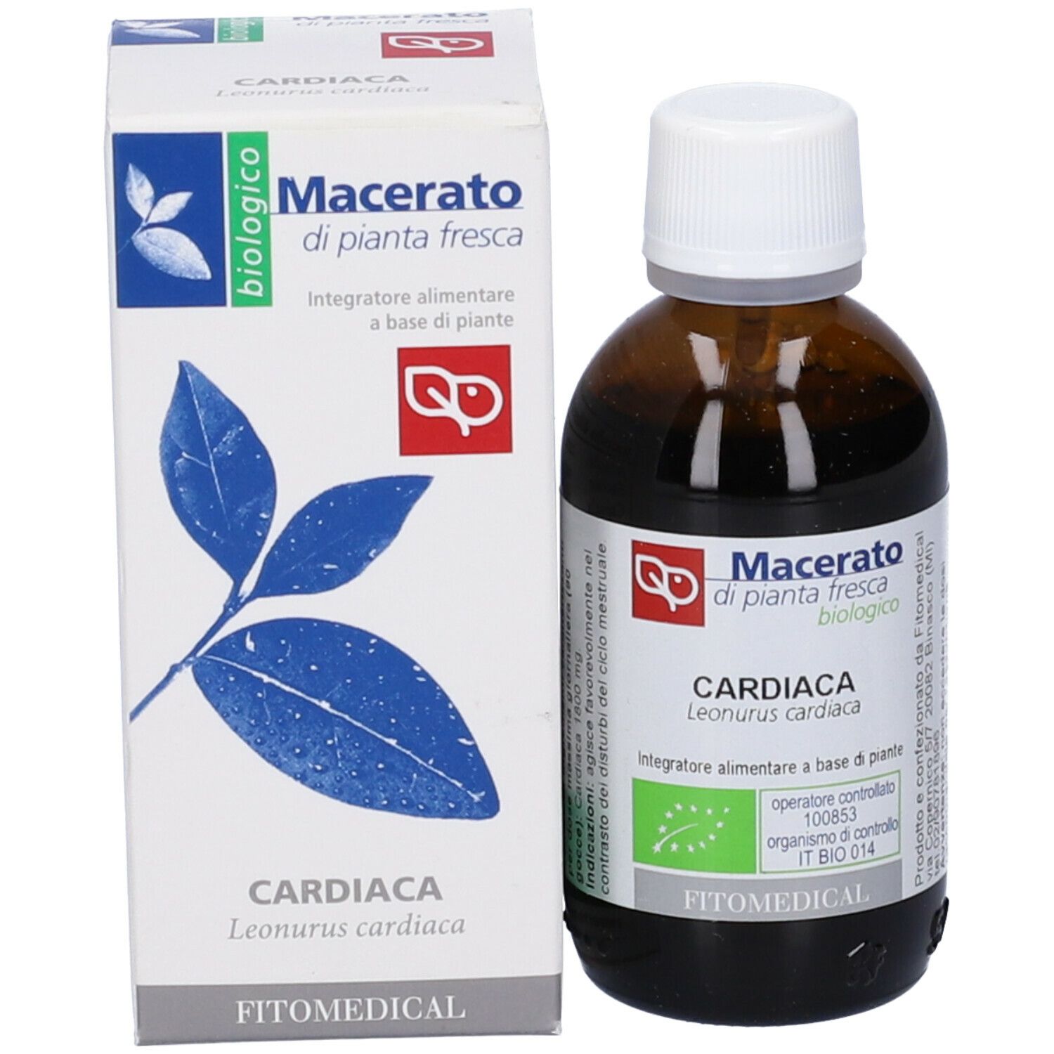 Bottiglia di vetro marrone e scatola bianca. Scritto: Cardiaca, Macerato, biologico. Marchio: Fitomedical.