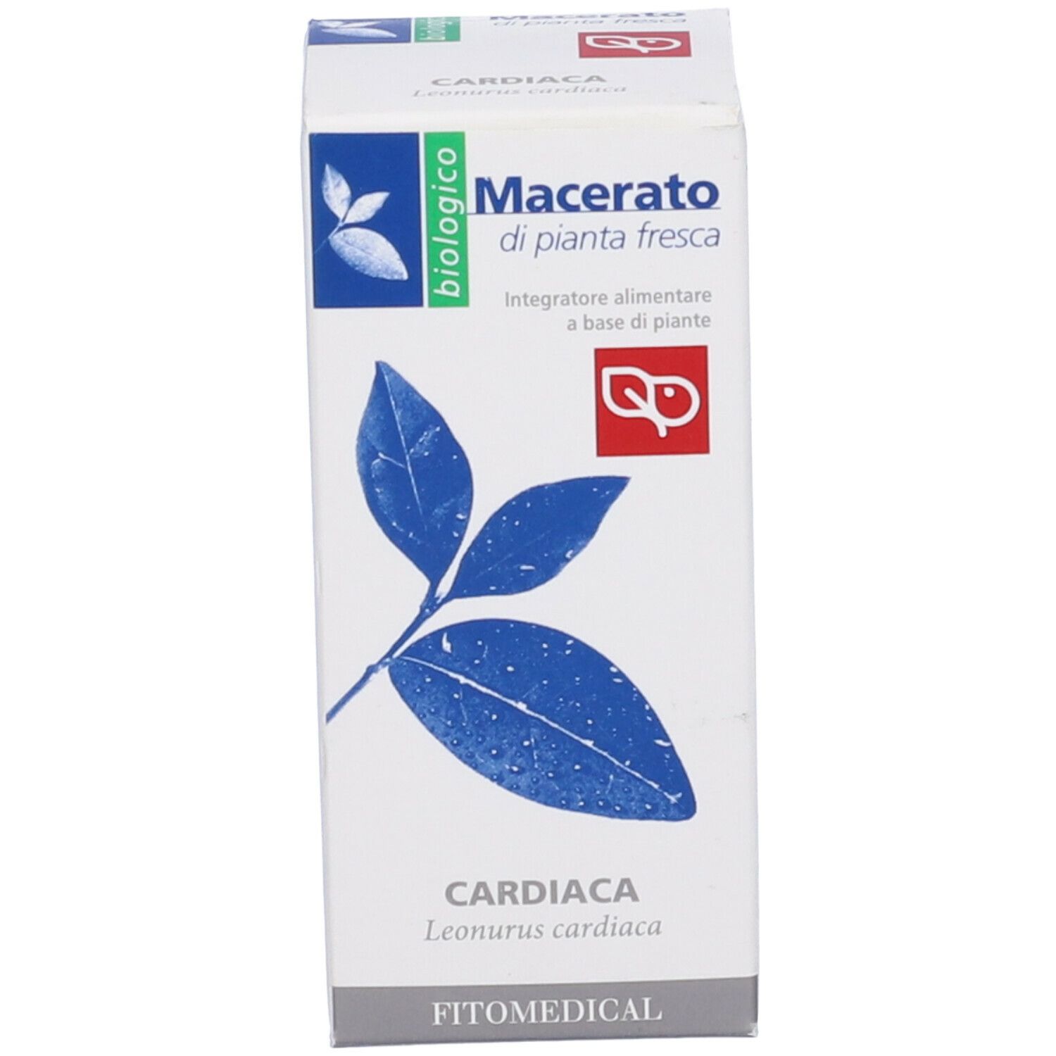 Scatola bianca con motivo a foglie blu e testo. Scritto: Cardiaca, Macerato, biologico. Marchio: Fitomedical.