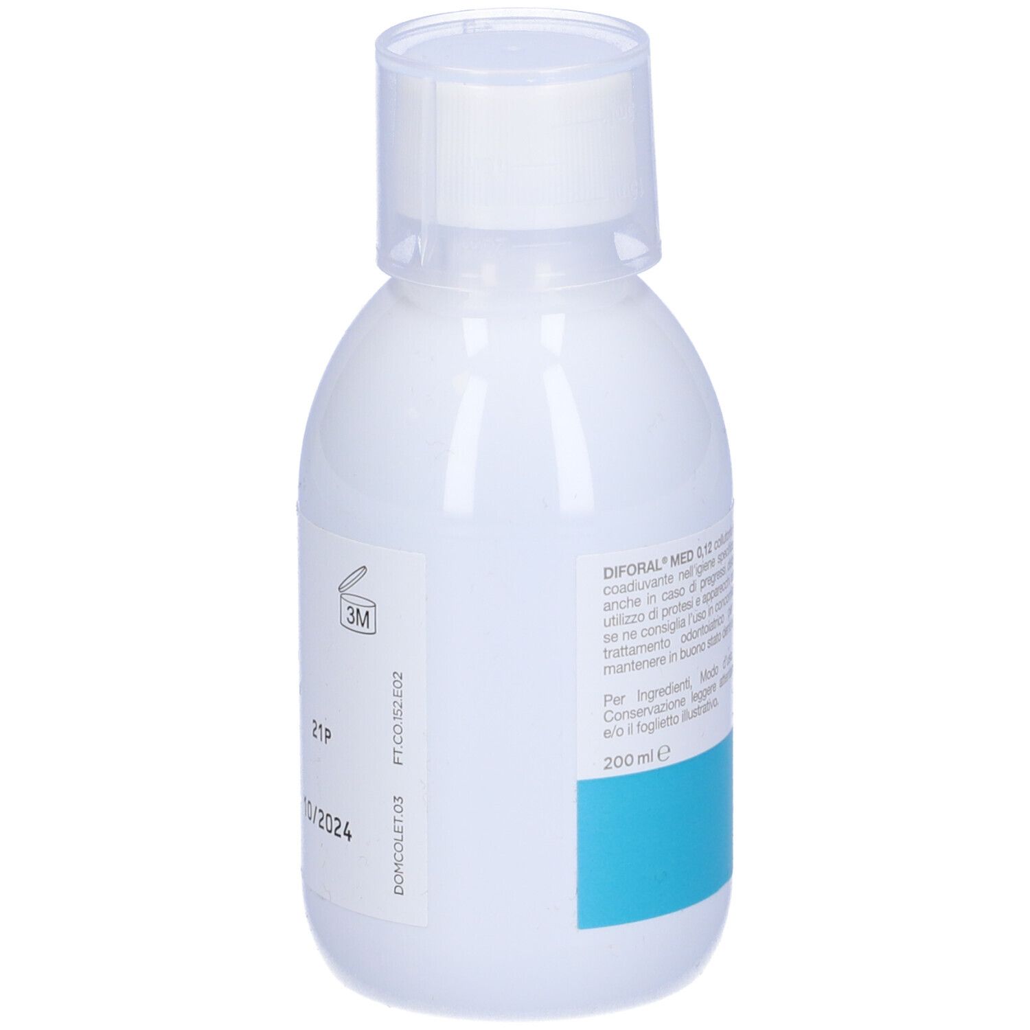 Weiße Kunststoffflasche mit blauem Etikett und weißem Schraubverschluss. Enthält 200 ml.