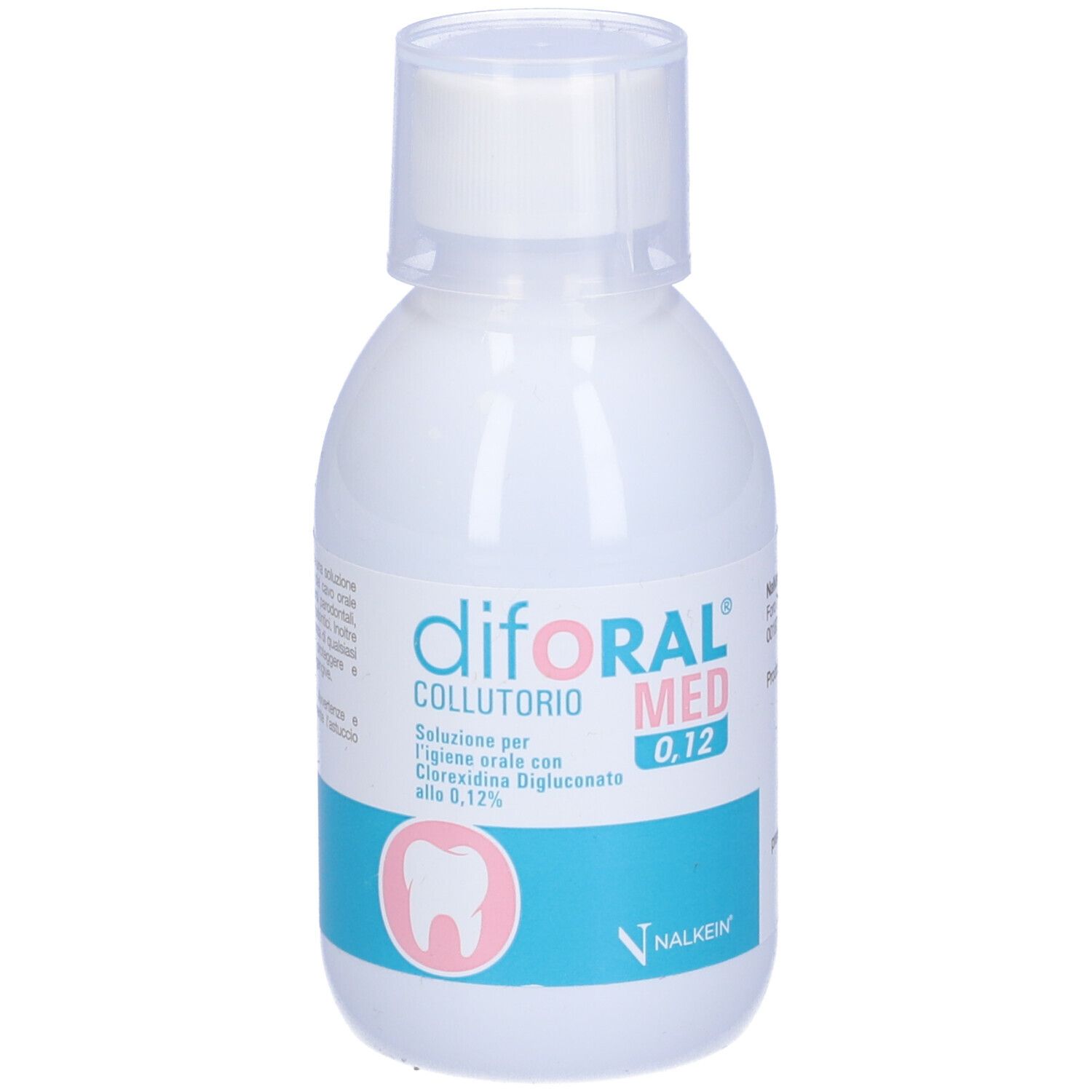 Diforal Med Mundspülung mit Chlorhexidin Digluconat 0,12%. Weiße Flasche mit blauem Etikett und Zahnsymbol.