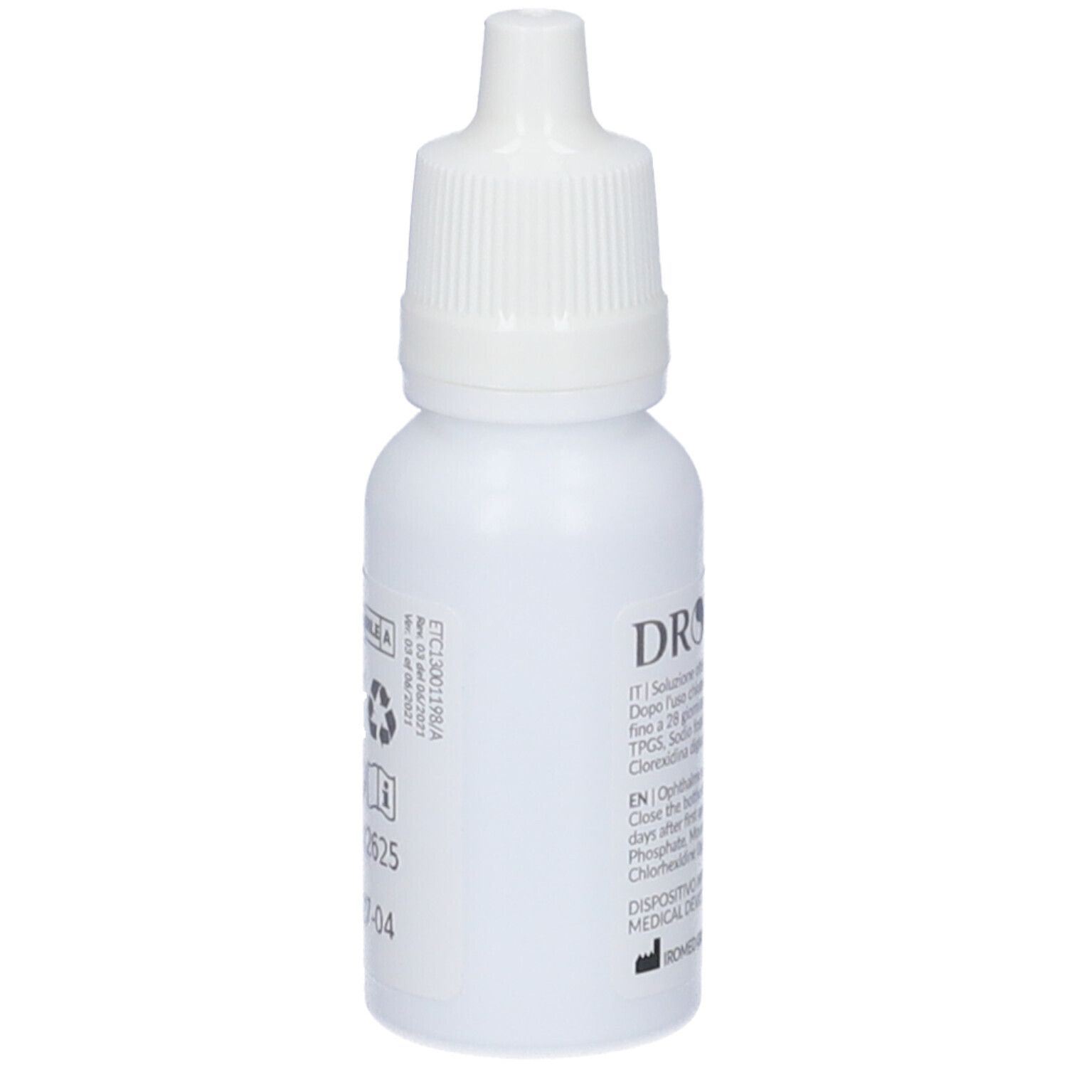 Weiße Flasche mit Tropfverschluss. Aufschrift DROP sept. Text in italienischer und englischer Sprache. Medizinprodukt.