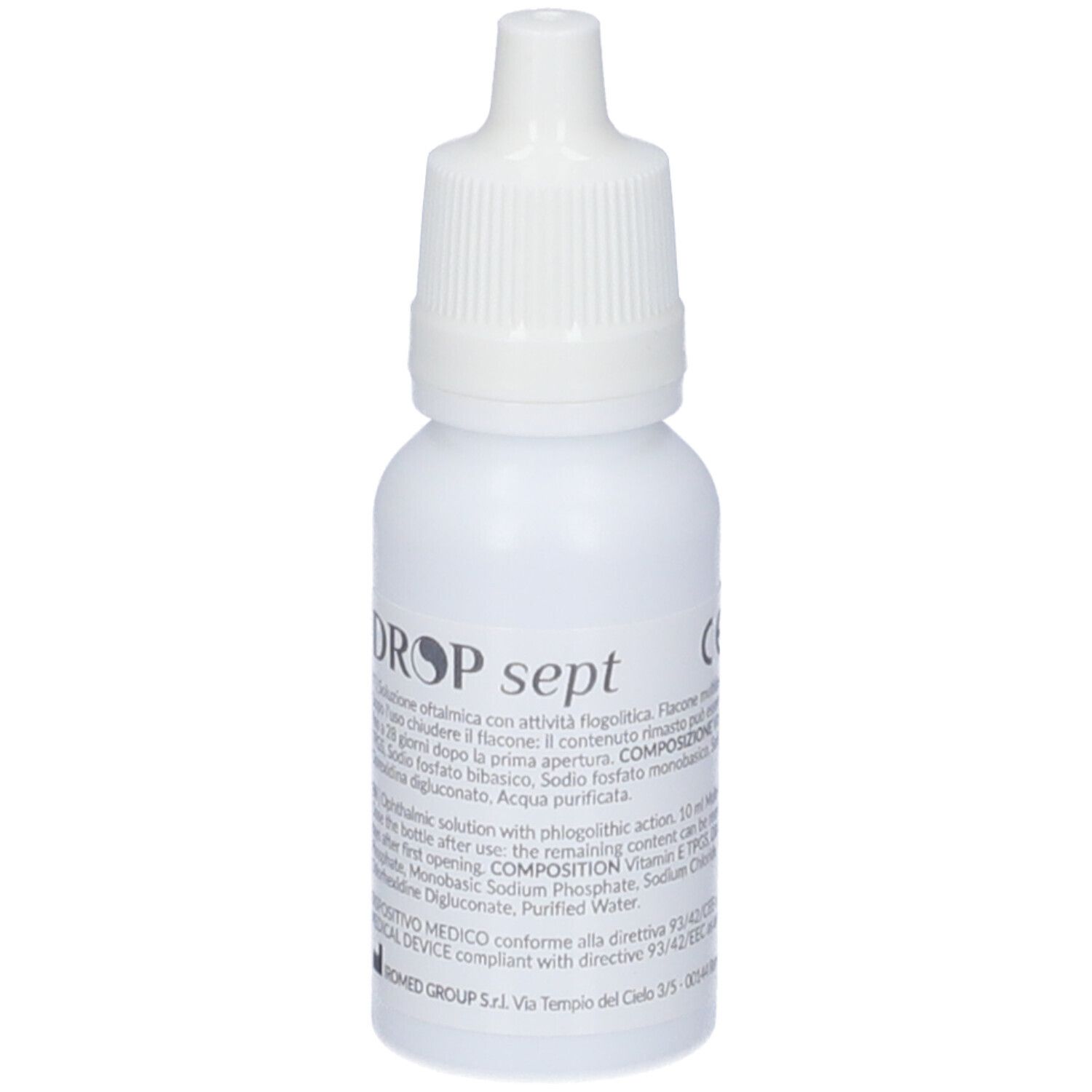 Weiße Flasche mit Tropfverschluss. Aufschrift DROP sept. Text in italienischer und englischer Sprache. Medizinprodukt.