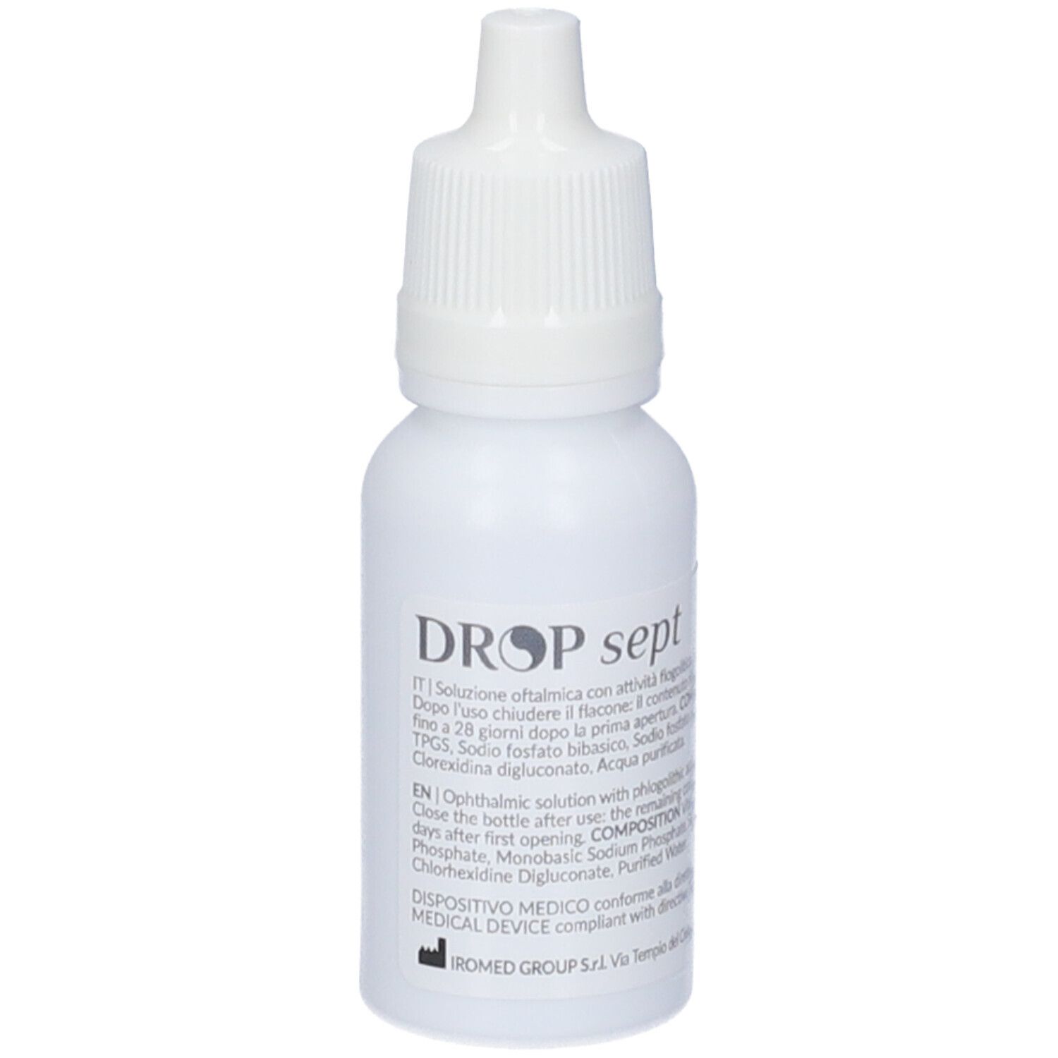 Weiße Flasche mit Tropfverschluss. Aufschrift DROP sept. Text in italienischer und englischer Sprache. Medizinprodukt.
