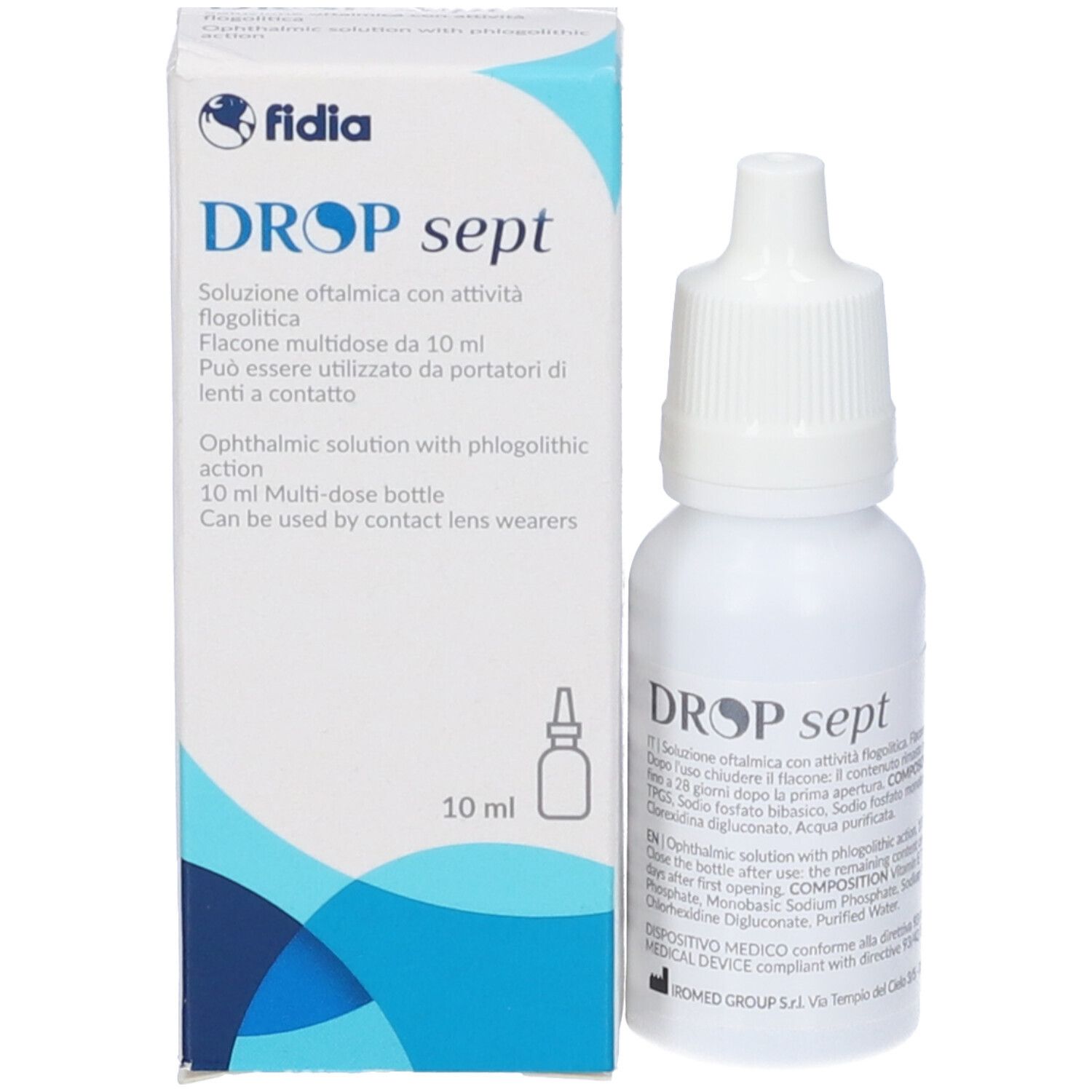 Verpackung und Flasche von DROP sept. Aufschrift DROP sept. Text in italienischer und englischer Sprache. 10 ml.
