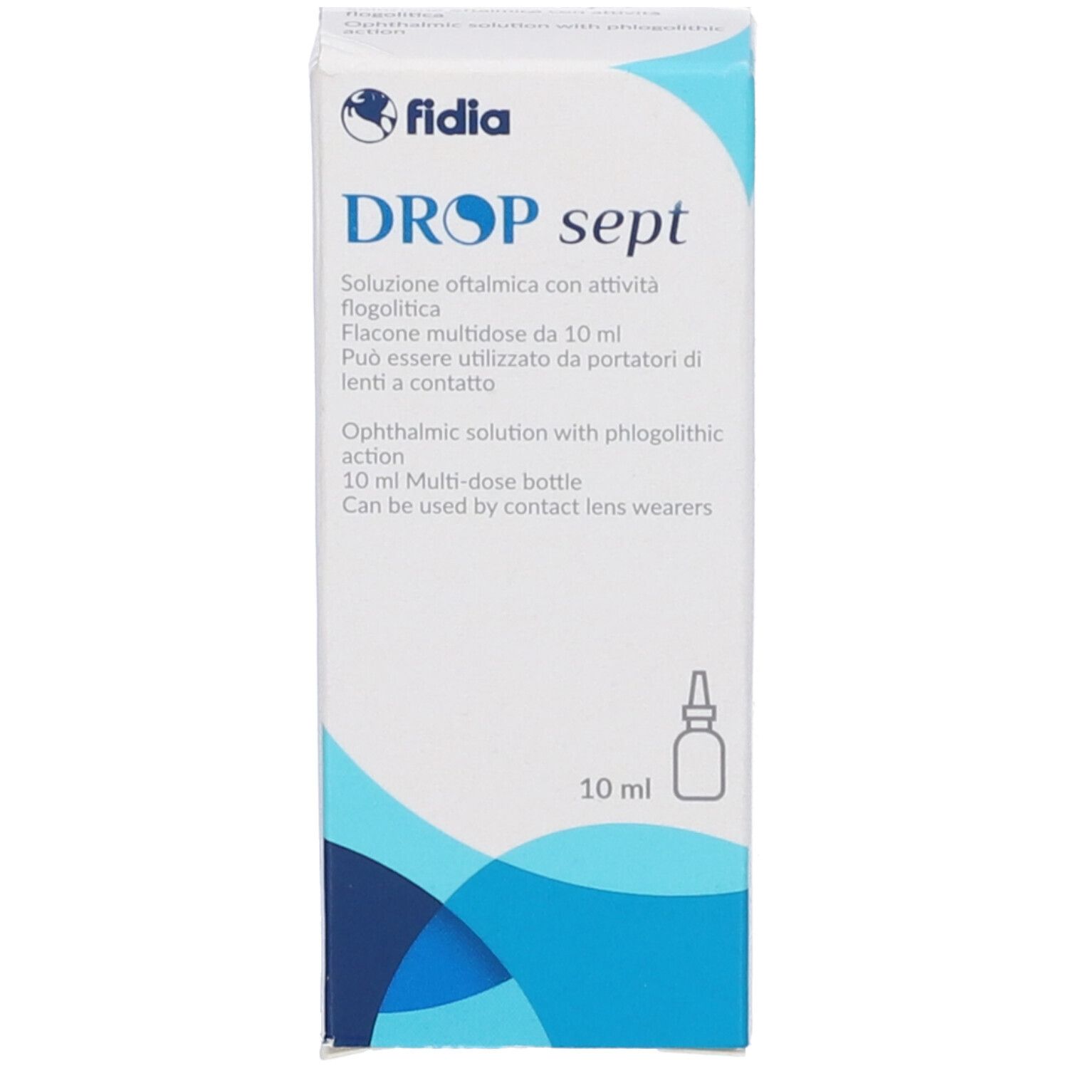 Verpackung von DROP sept. Aufschrift DROP sept. Text in italienischer und englischer Sprache. 10 ml.